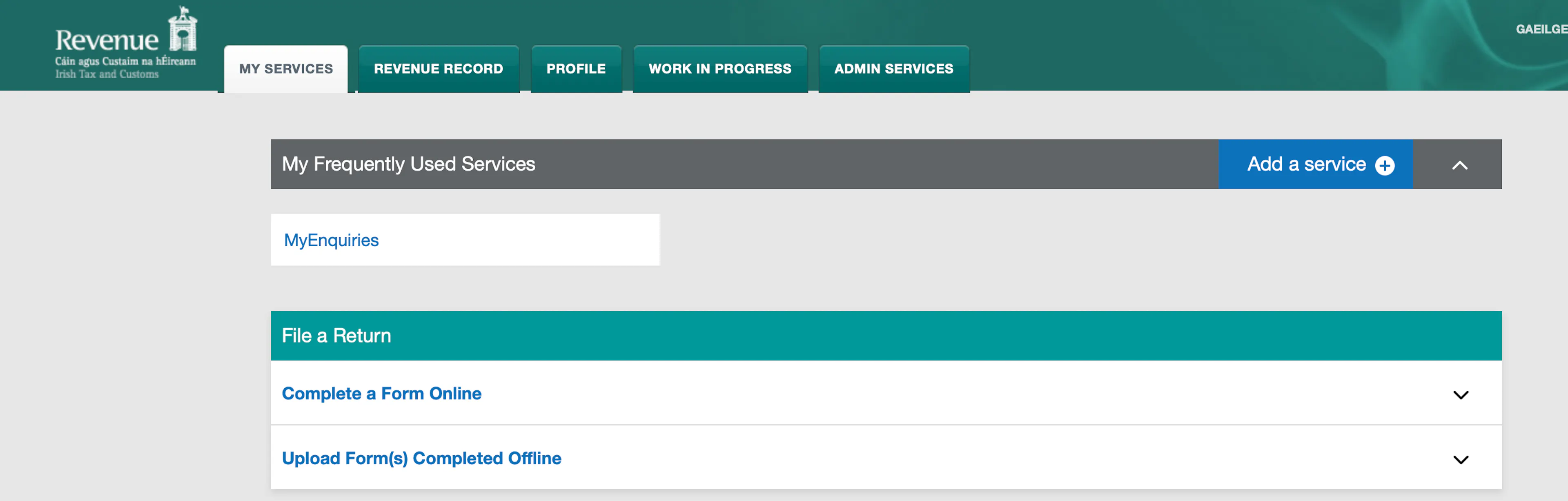 ROS My Services screen with the Revenue Record tab in the top navigation