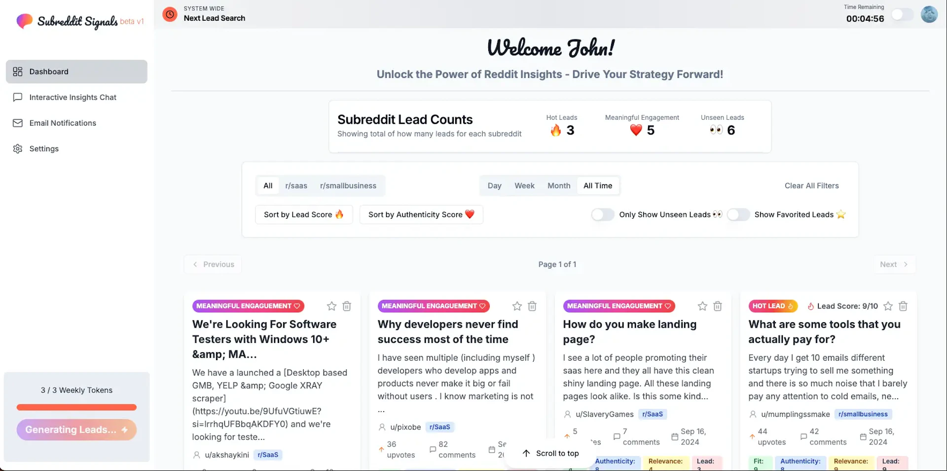 Subreddit Signals - AI Tool Features, UI & Interface Overview