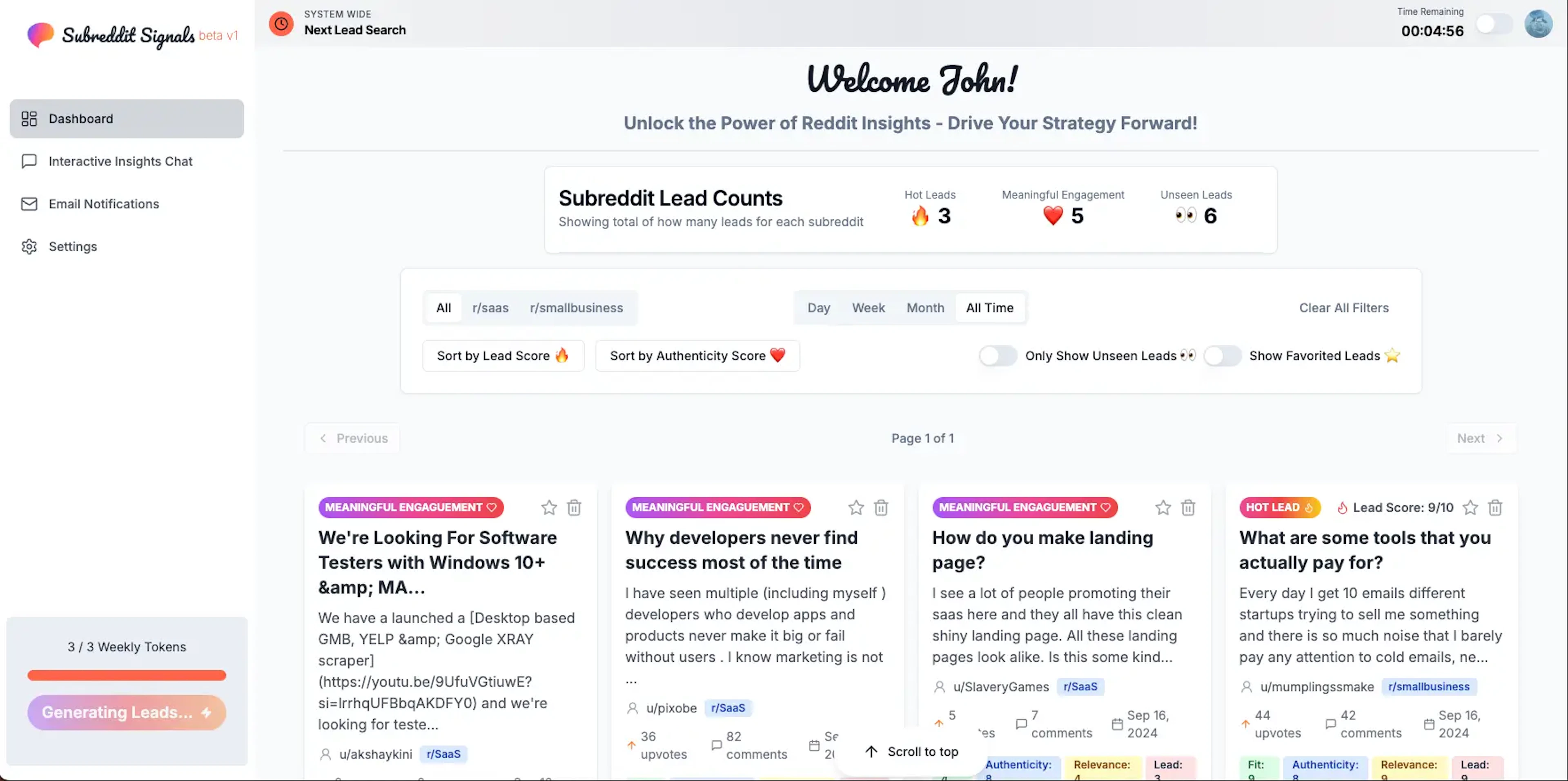 Subreddit Signals - AI Tool Features, UI & Interface Overview