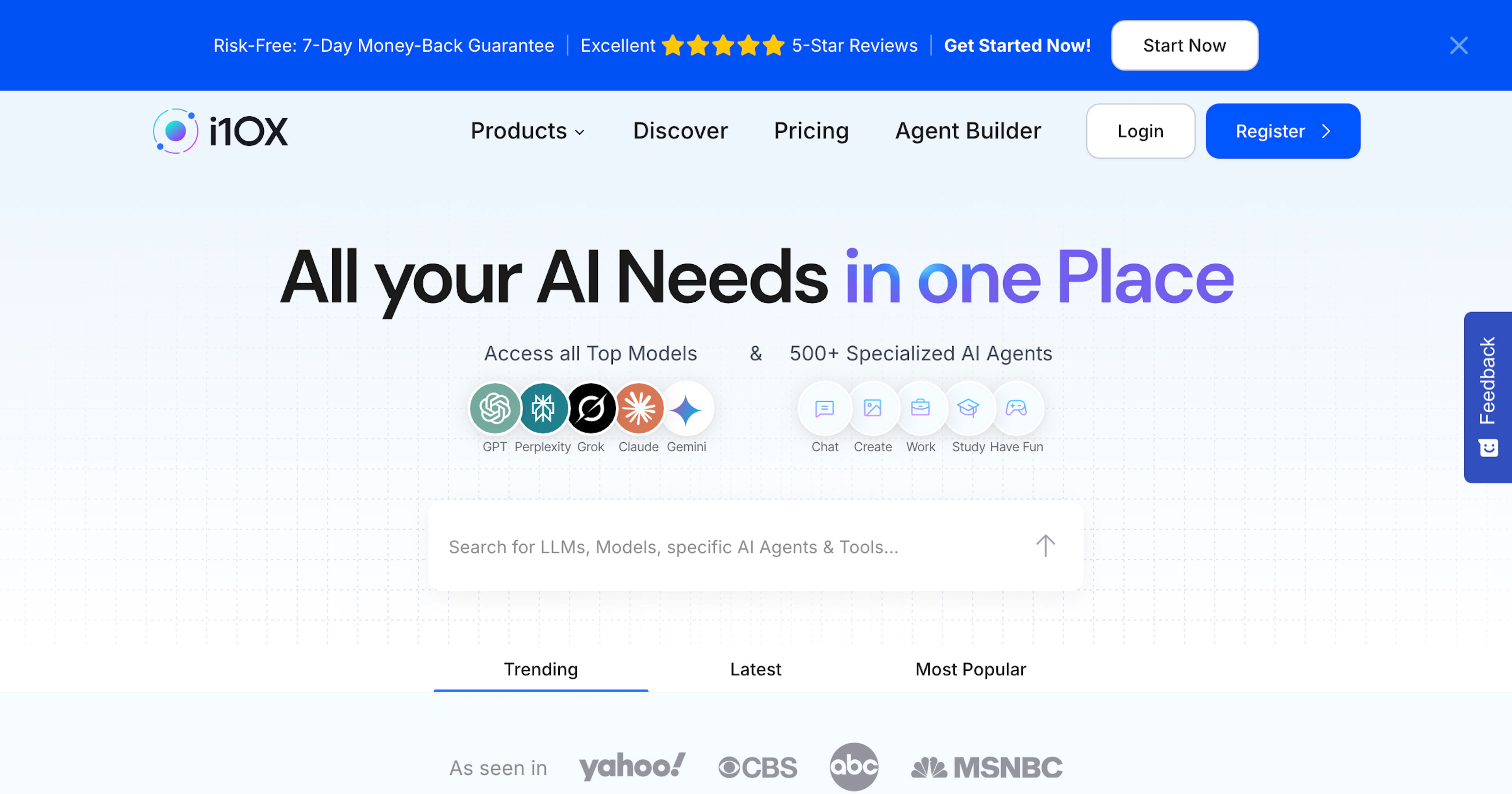 i10x AI Agent Marketplace - AI Tool Features, UI & Interface Overview