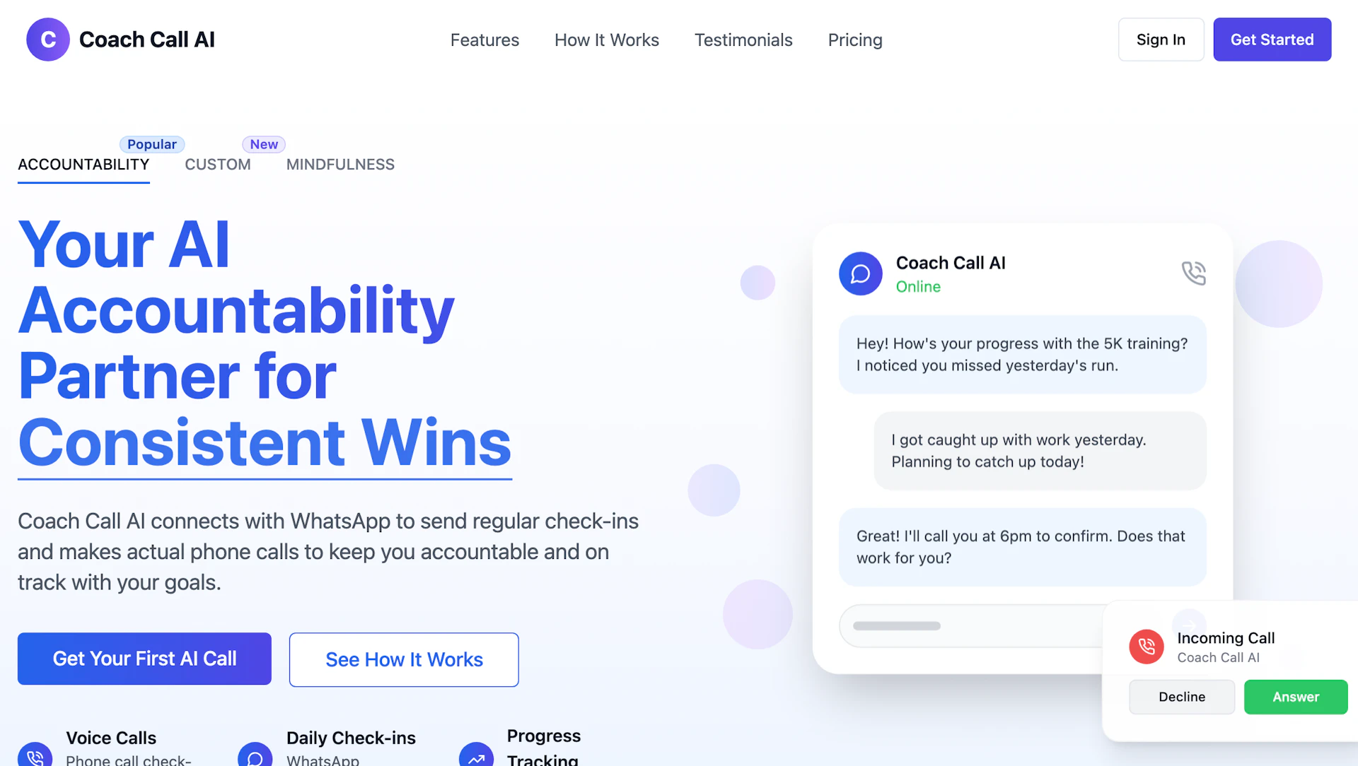 Coach Call AI - AI Tool Features, UI & Interface Overview