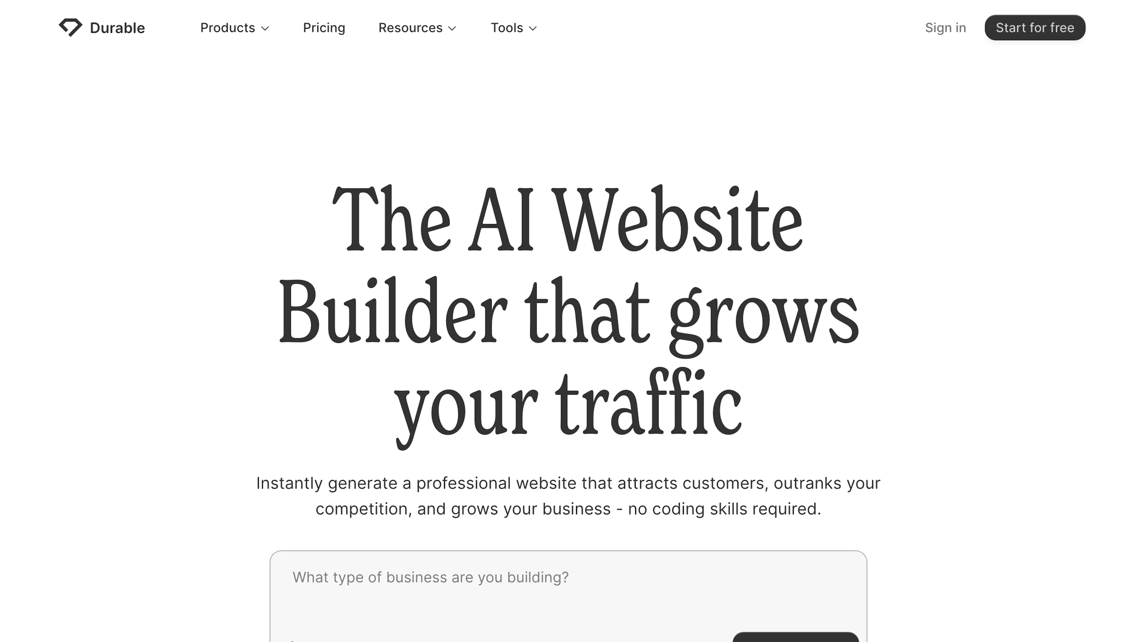 Durable - AI Tool Features, UI & Interface Overview