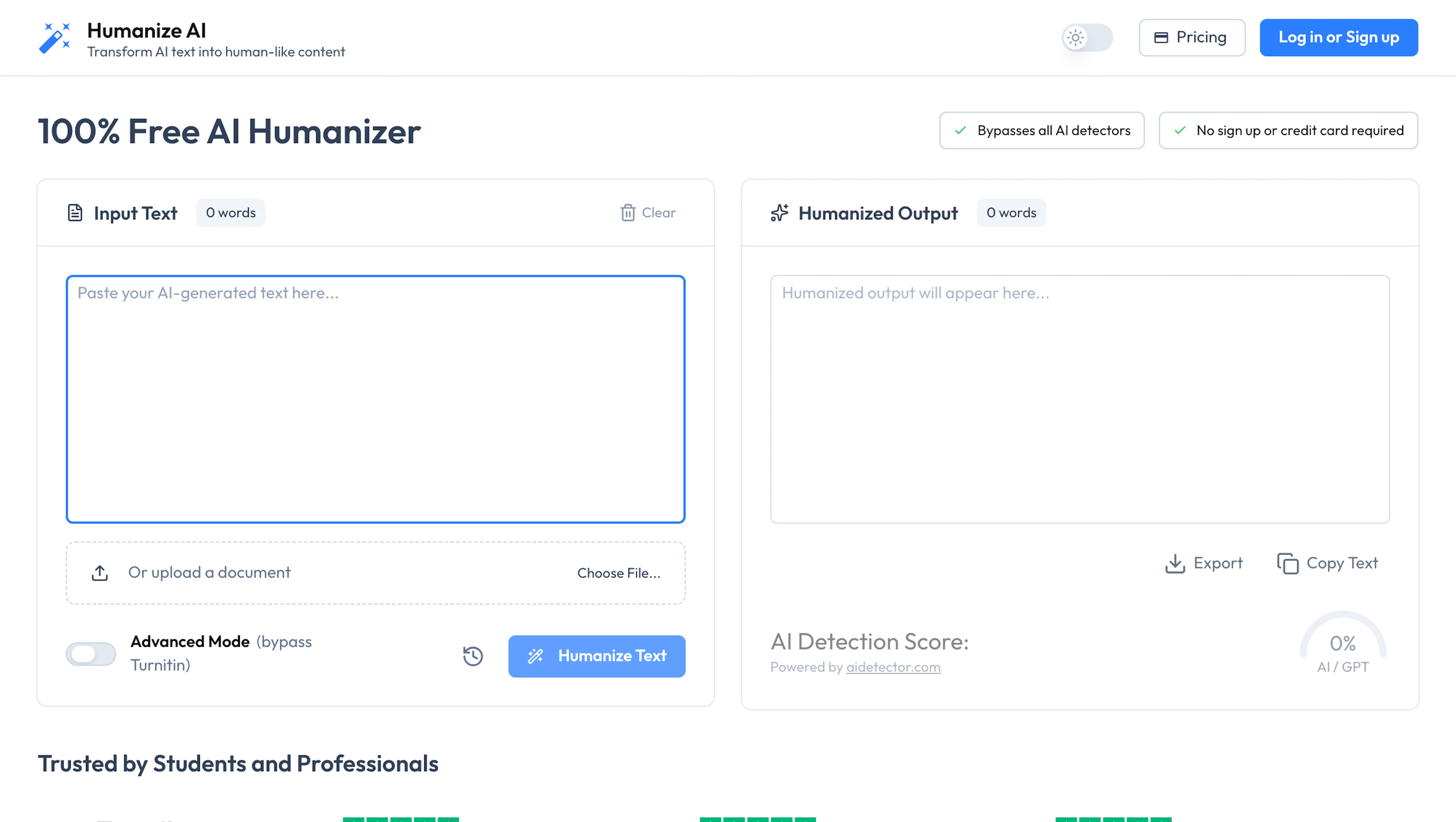 Humanize AI Text - AI Tool Features, UI & Interface Overview