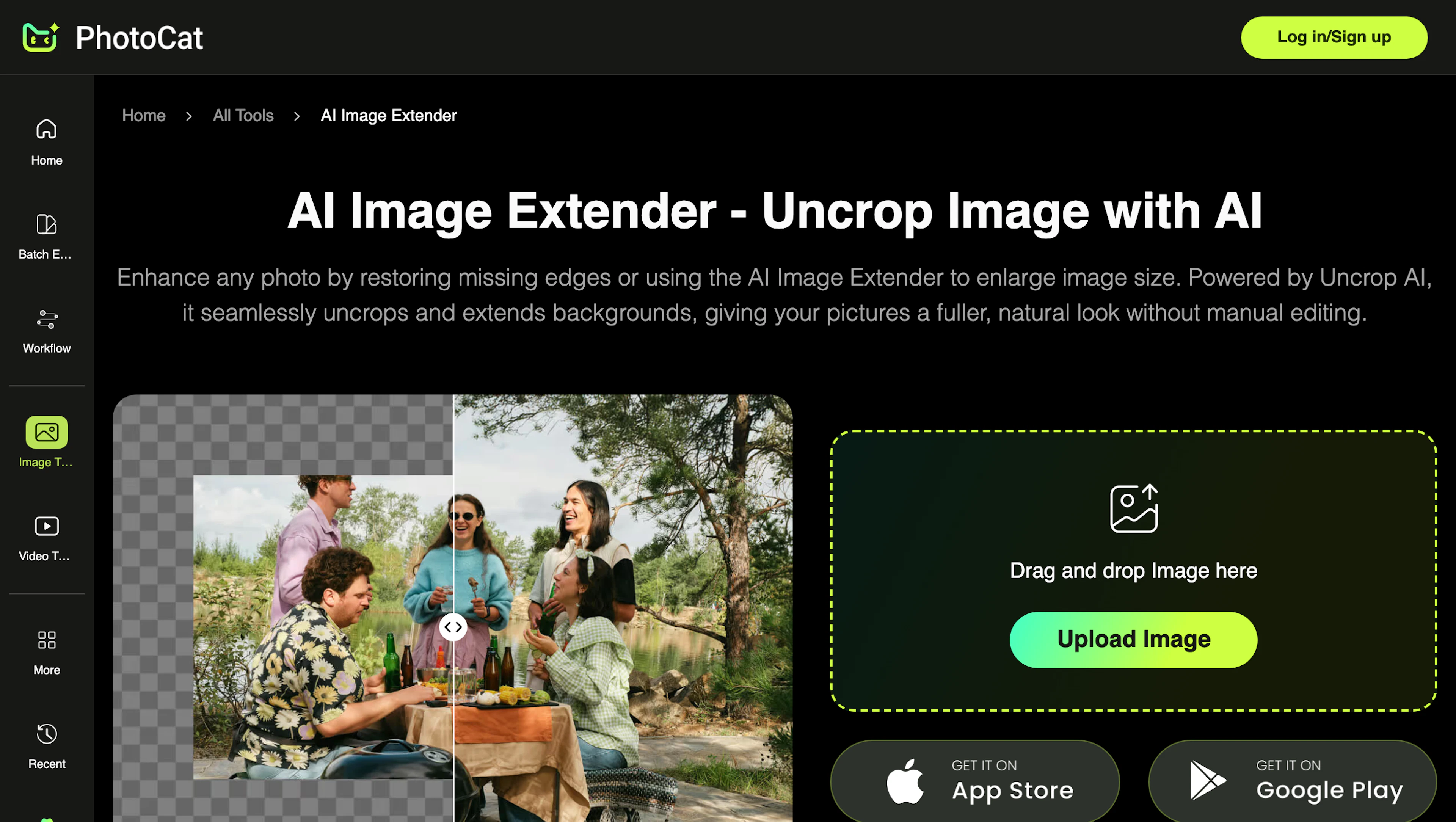 PhotoCat AI Image Extender - AI Tool Features, UI & Interface Overview