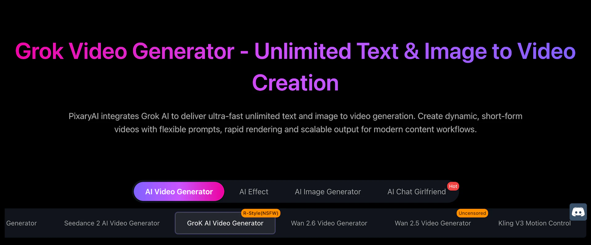 PixaryAI Grok AI Video Generator - AI Tool Logo & Interface Preview