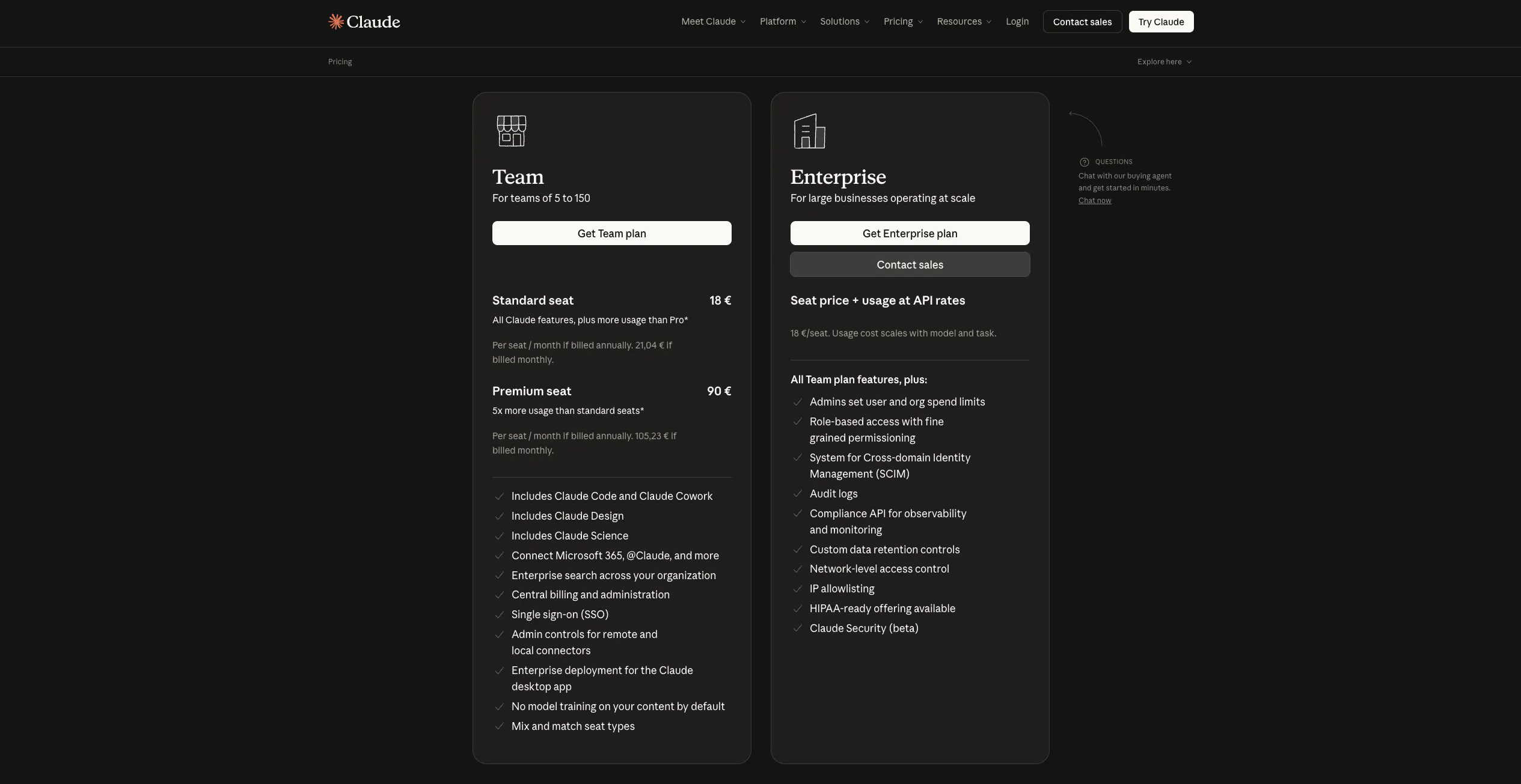 Vista del sito web di claude dove ci sono i piani Team e Enterprise
