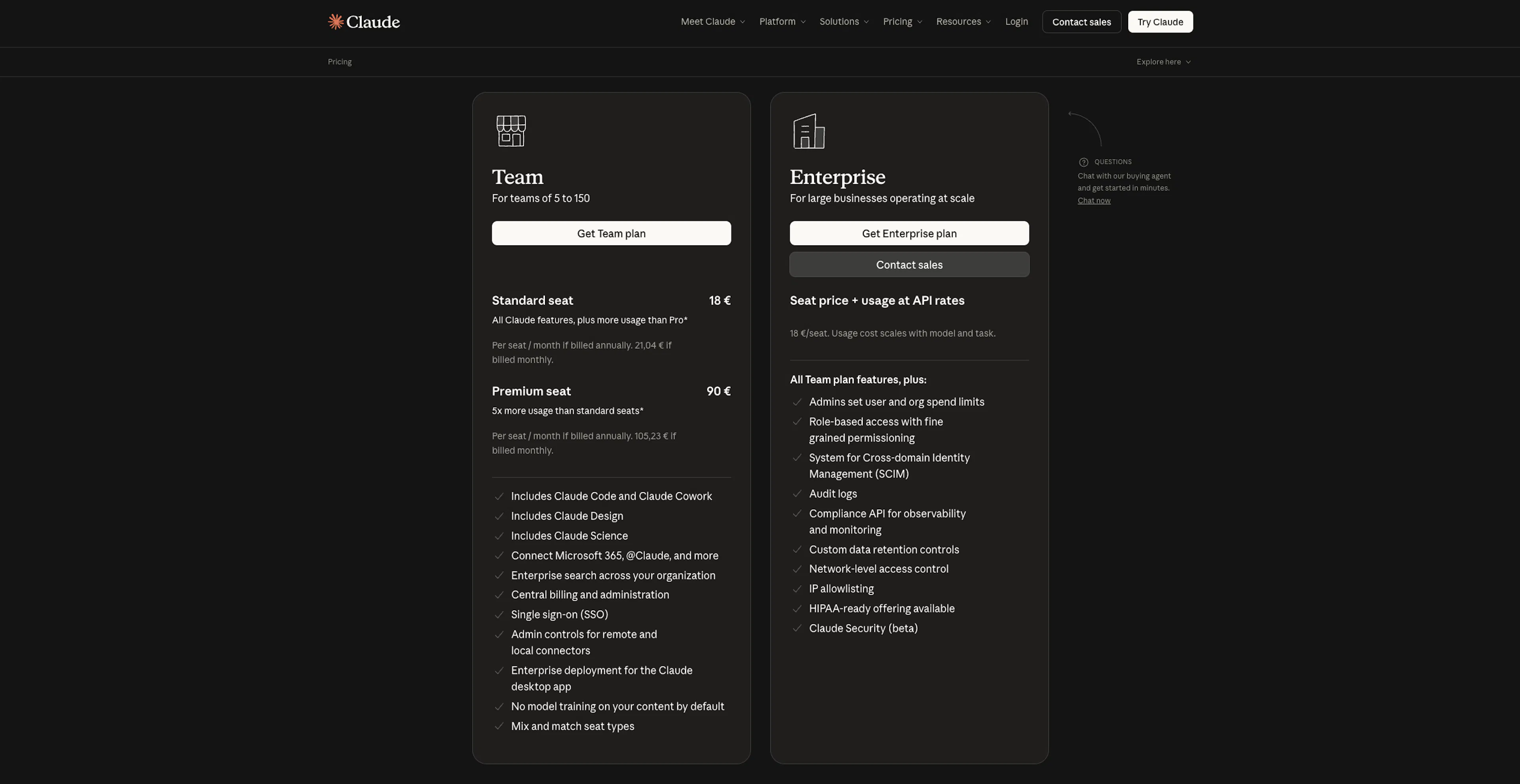 Vista del sito web di claude dove ci sono i piani Team e Enterprise