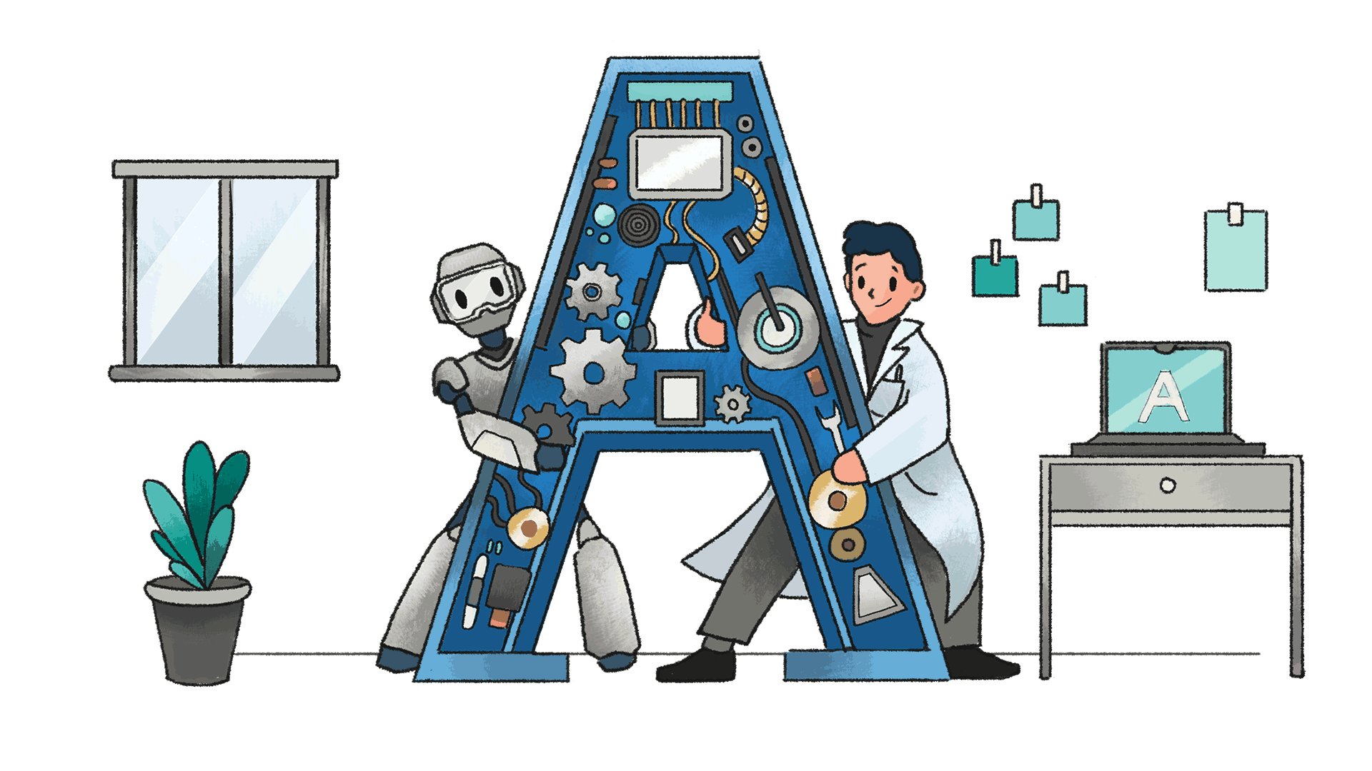 Un robot y un corrector de estilo científico trabajando en una máquina de corrección digital