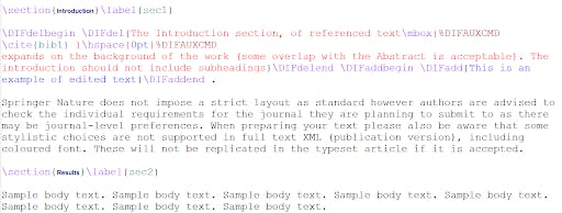Part of compare.tex that shows some latexdiff commands such as “\DIFdelbegin” and “\DIFdelend”, which indicate deleted text.