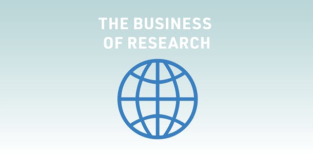 A globe with the text "the business of research"