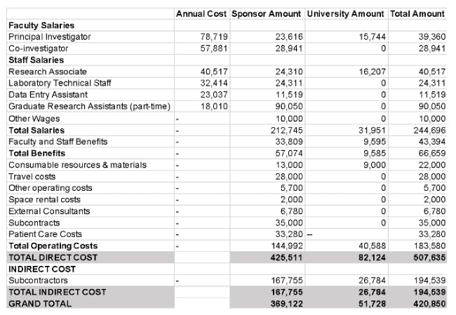 budget costs for work packages in a grant proposal