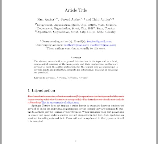 The PDF that results from compiling compare.tex. Red strikethrough text indicates a deletion, and blue underlined text indicates an addition.
