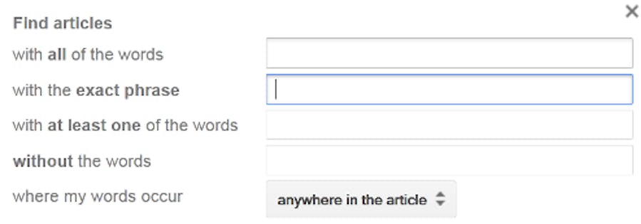 Screenshot of advanced search function on Google Scholar