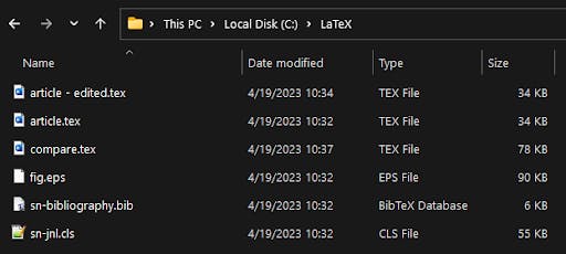 The same folder as in the previous image, with the new file “compare.tex”, which was created with latexdiff from “article.tex” and “article - edited.tex”.