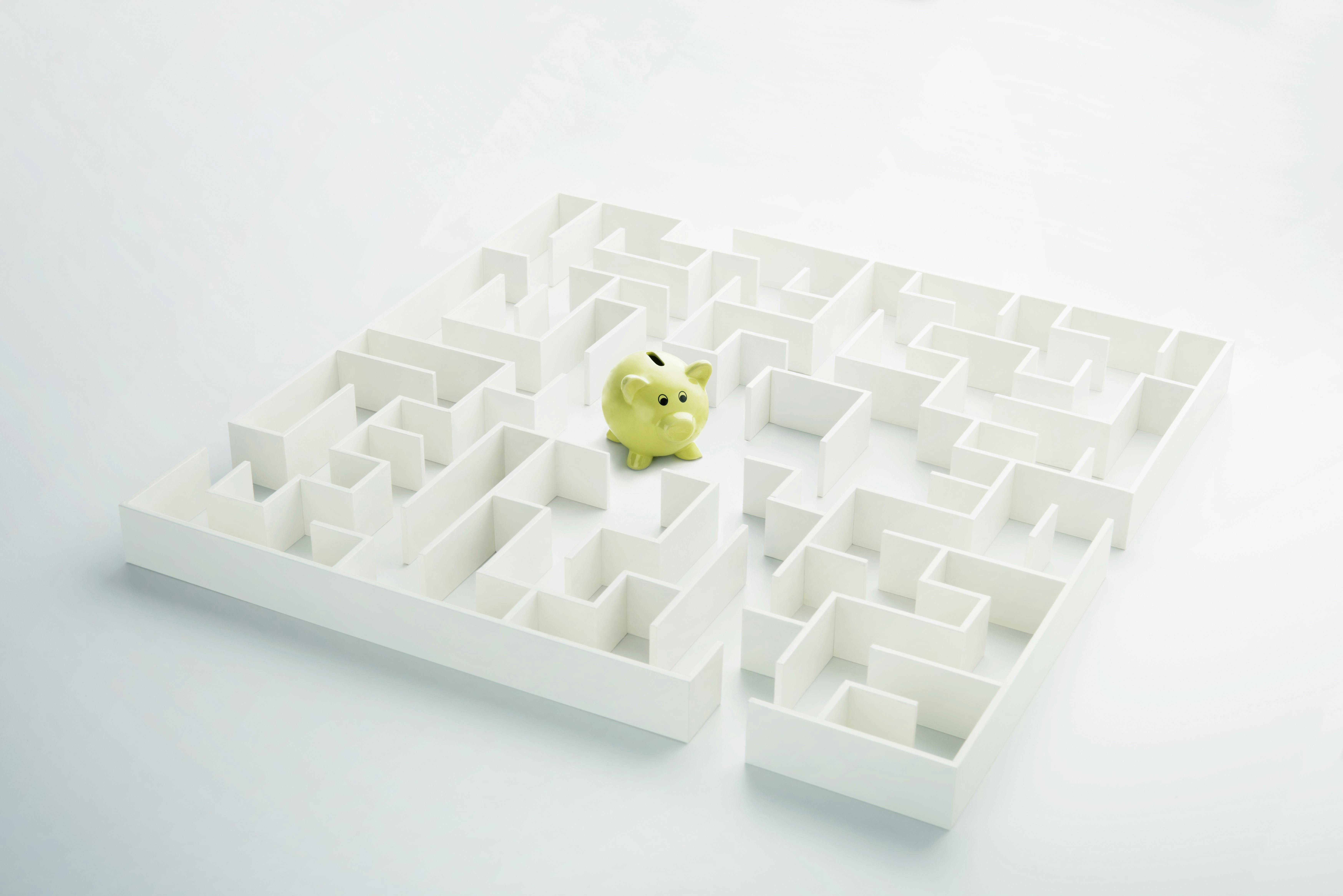 cartoon piggy bank in a maze to illustrate different choices for meeting publication costs