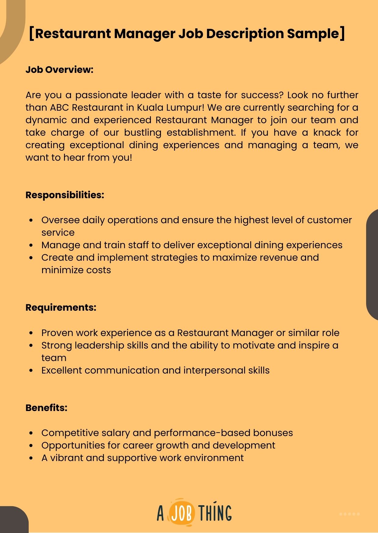 restaurant manager job description sample
