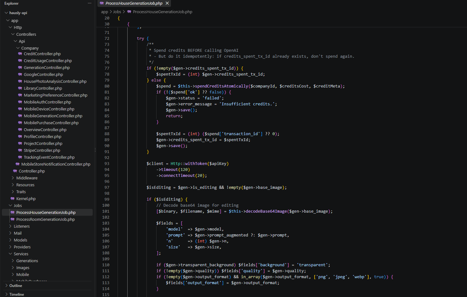 Laravel job from the Hausly codebase, handling credit deduction and OpenAI calls with idempotency and timeouts.