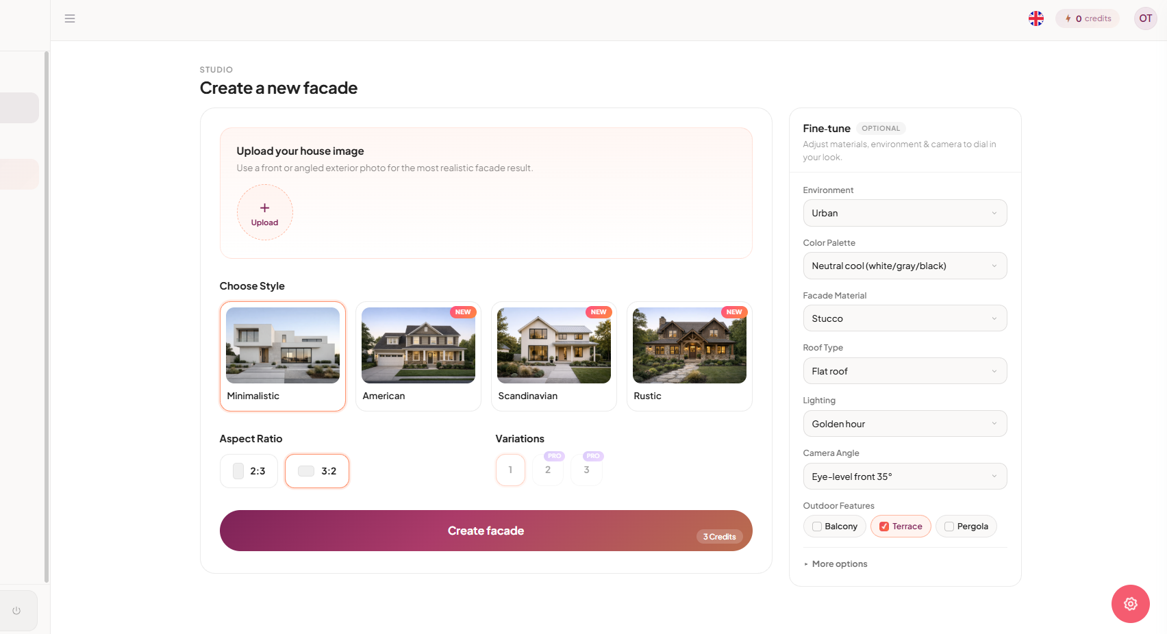 Hausly, our AI facade design product: upload a house photo, choose a style, and generate exterior concepts.