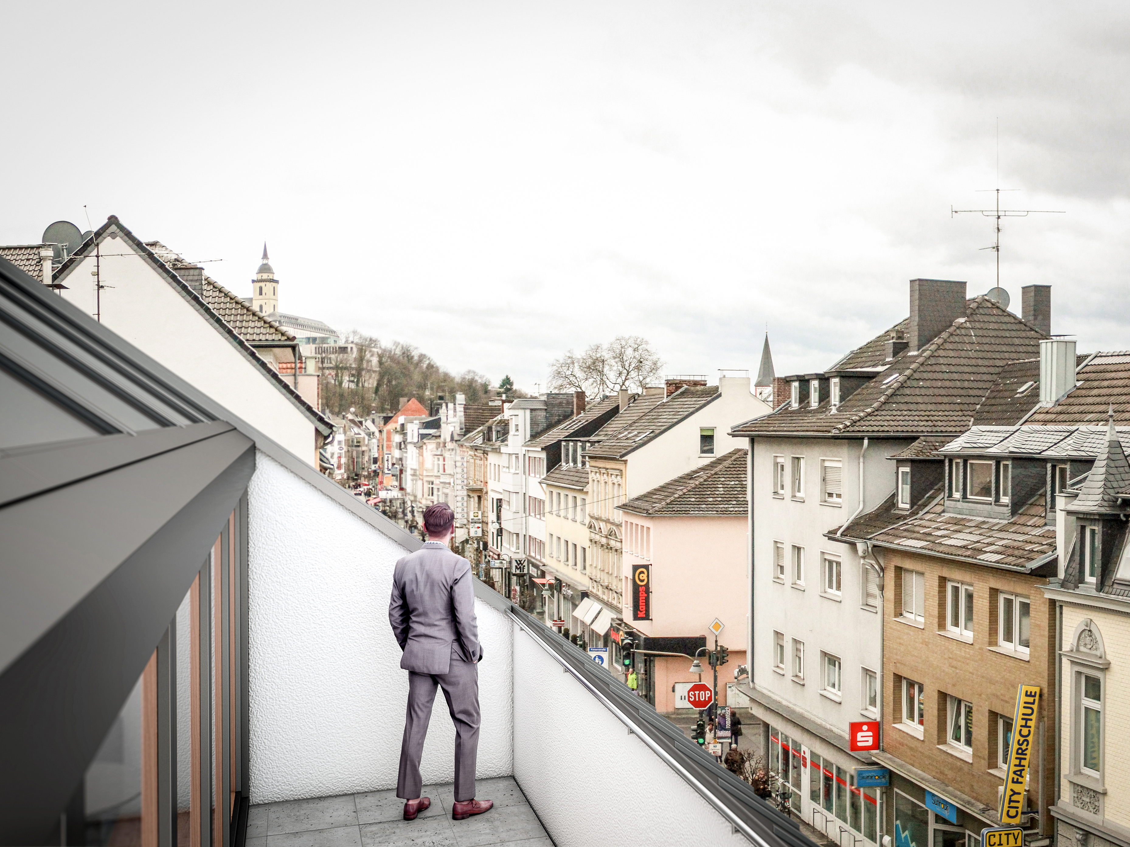 Die Aussicht von der Dachterrasse - Neubau eines Mehrfamilienhauses in der Kaiserstraße in Siegburg.
