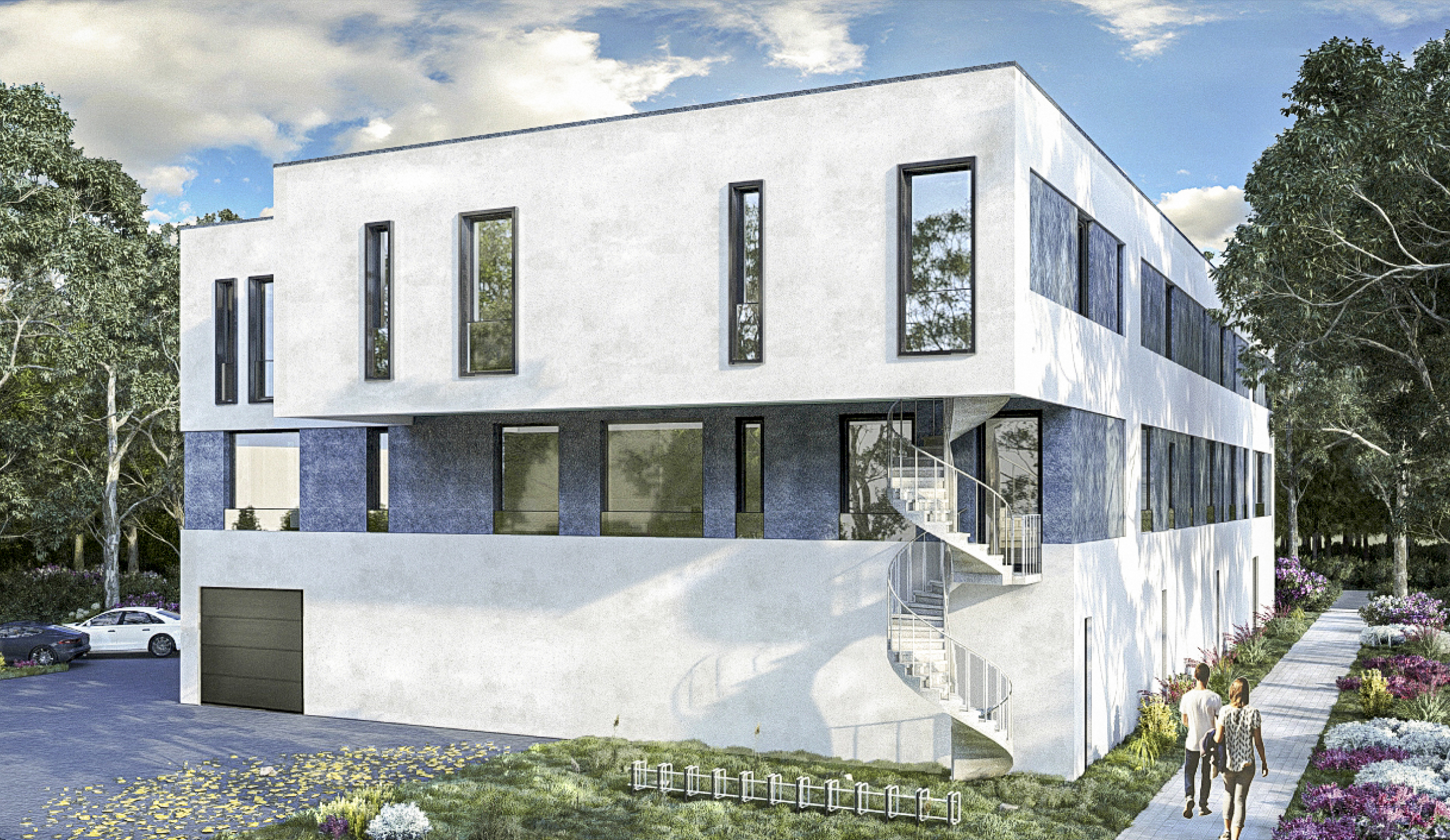 Die Rückseite des Gebäudes - Neubau eines Bürogebäudes mit Ausstellungsräumen und Lager in der Zusestraße in Köln-Lövenich.