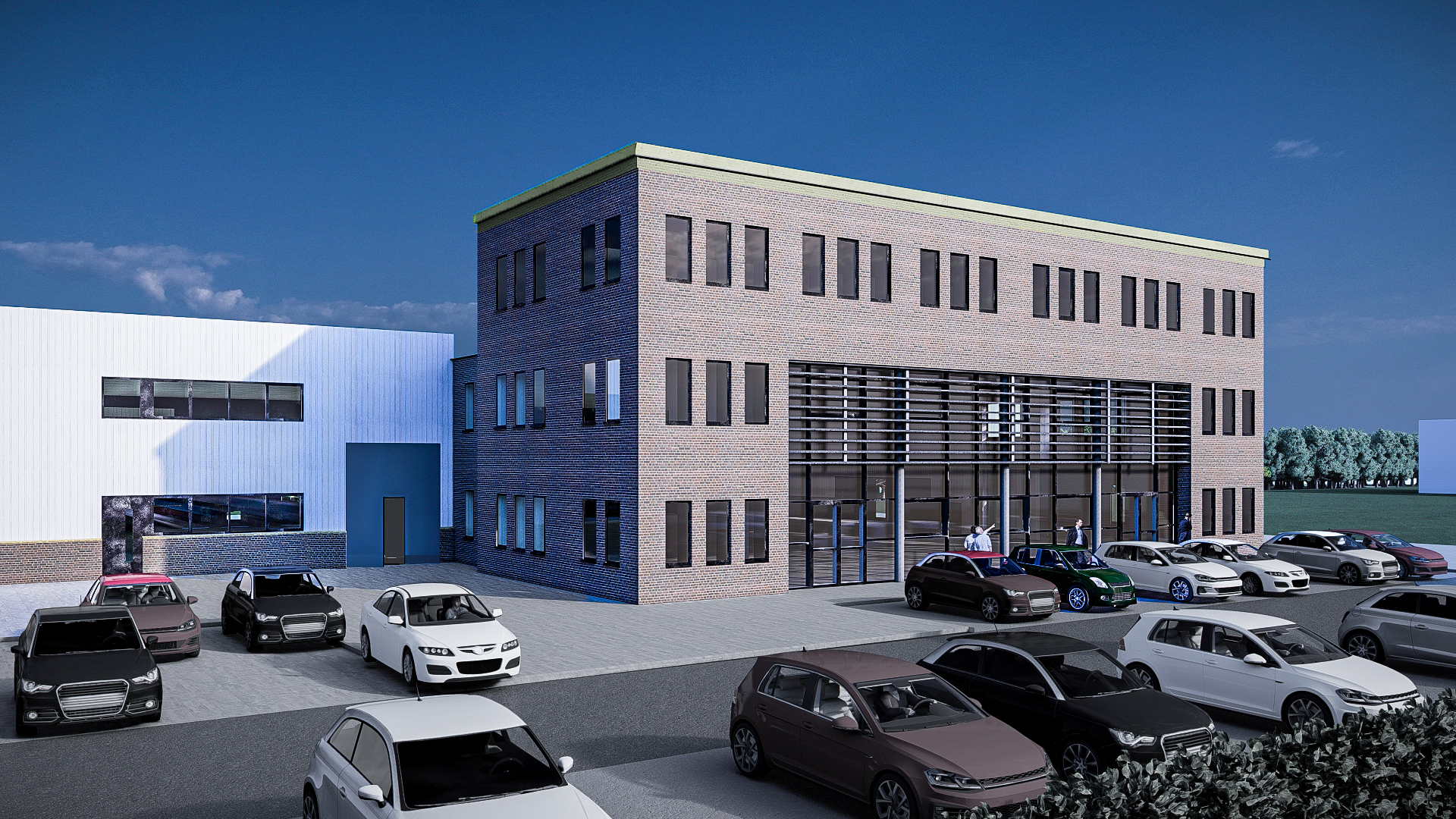 Parkplatz, Bürogebäude und Logistikhalle bei Tag - Neubau eines Bürogebäudes mit Ausstellungsbereich und Logistikhalle in Heinsberg.