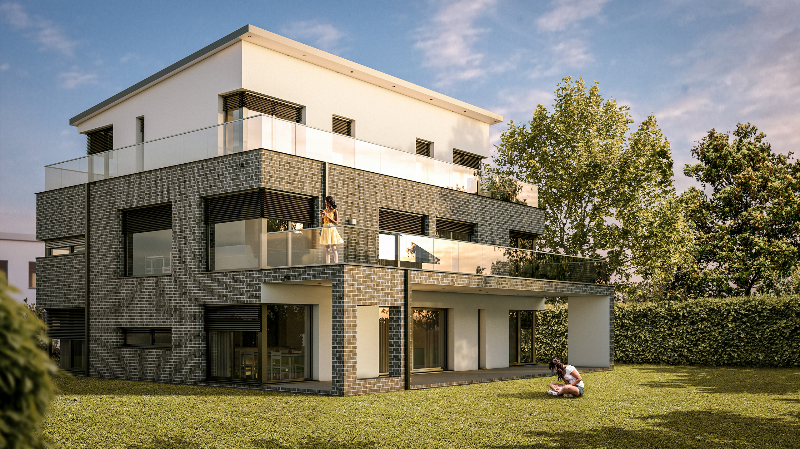 Der Baukörper samt Staffelgeschoss vom Garten aus betrachtet - Neubau eines Mehrfamilienhauses in Oberhausen.