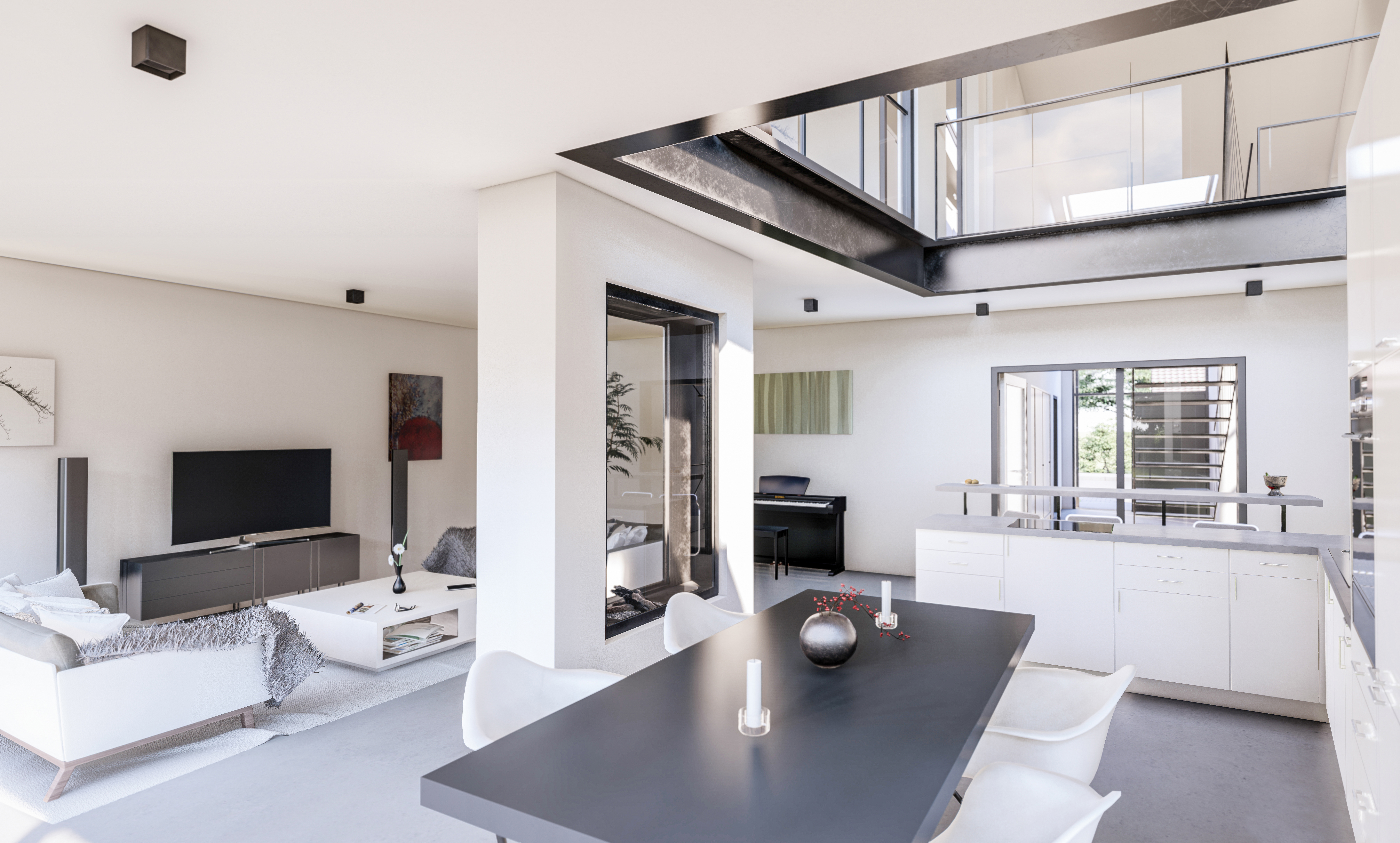 Der großzügige Wohn-, Koch- und Essbereich mit Atrium - Neubau eines Einfamilienhauses in Moers.