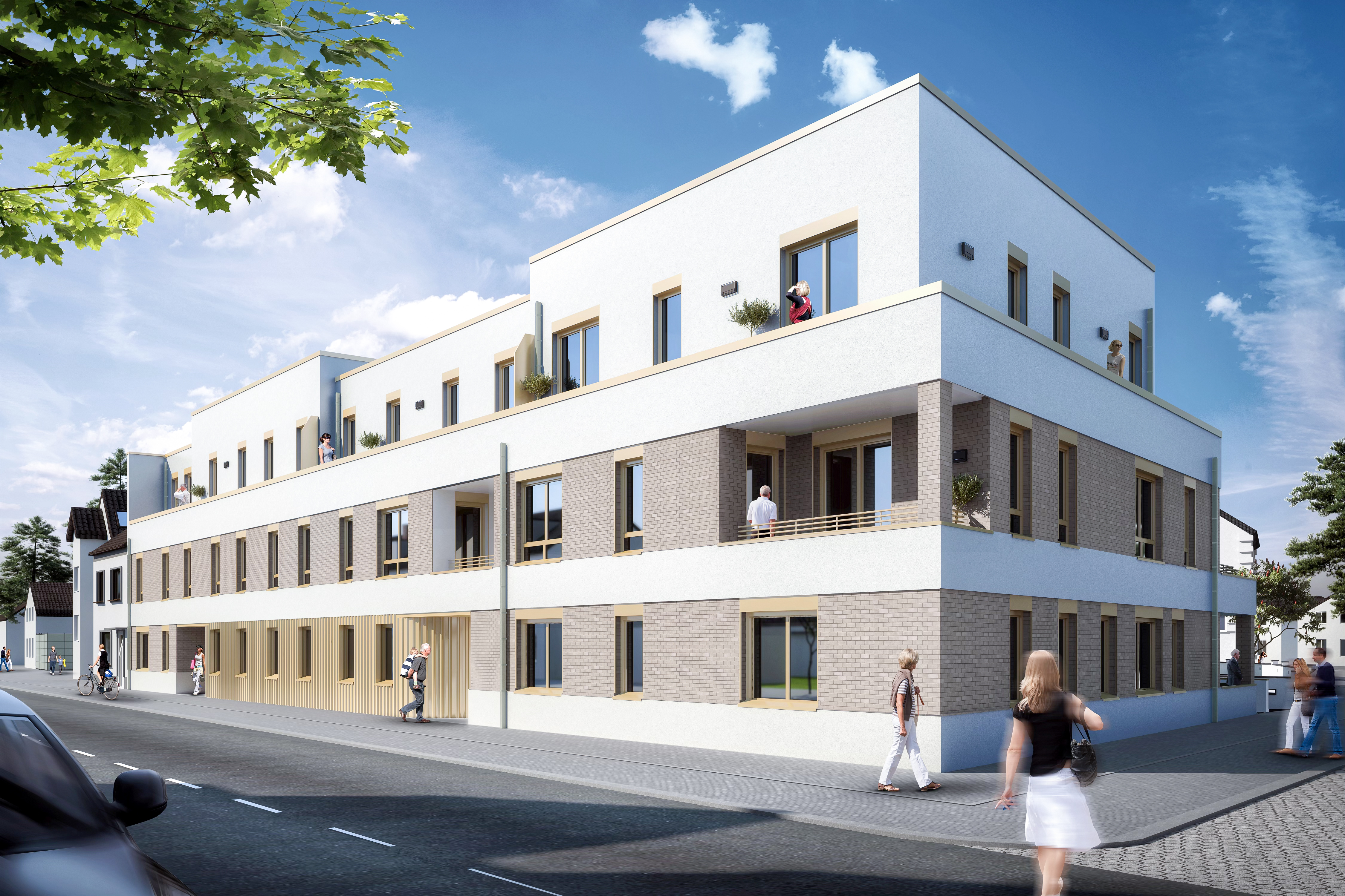 Der Blick auf die Gebäudekante bei Tag - Neubau eines Mehrfamilienhauses mit 22 Wohneinheiten und Tiefgarage in Troisdorf-Spich.