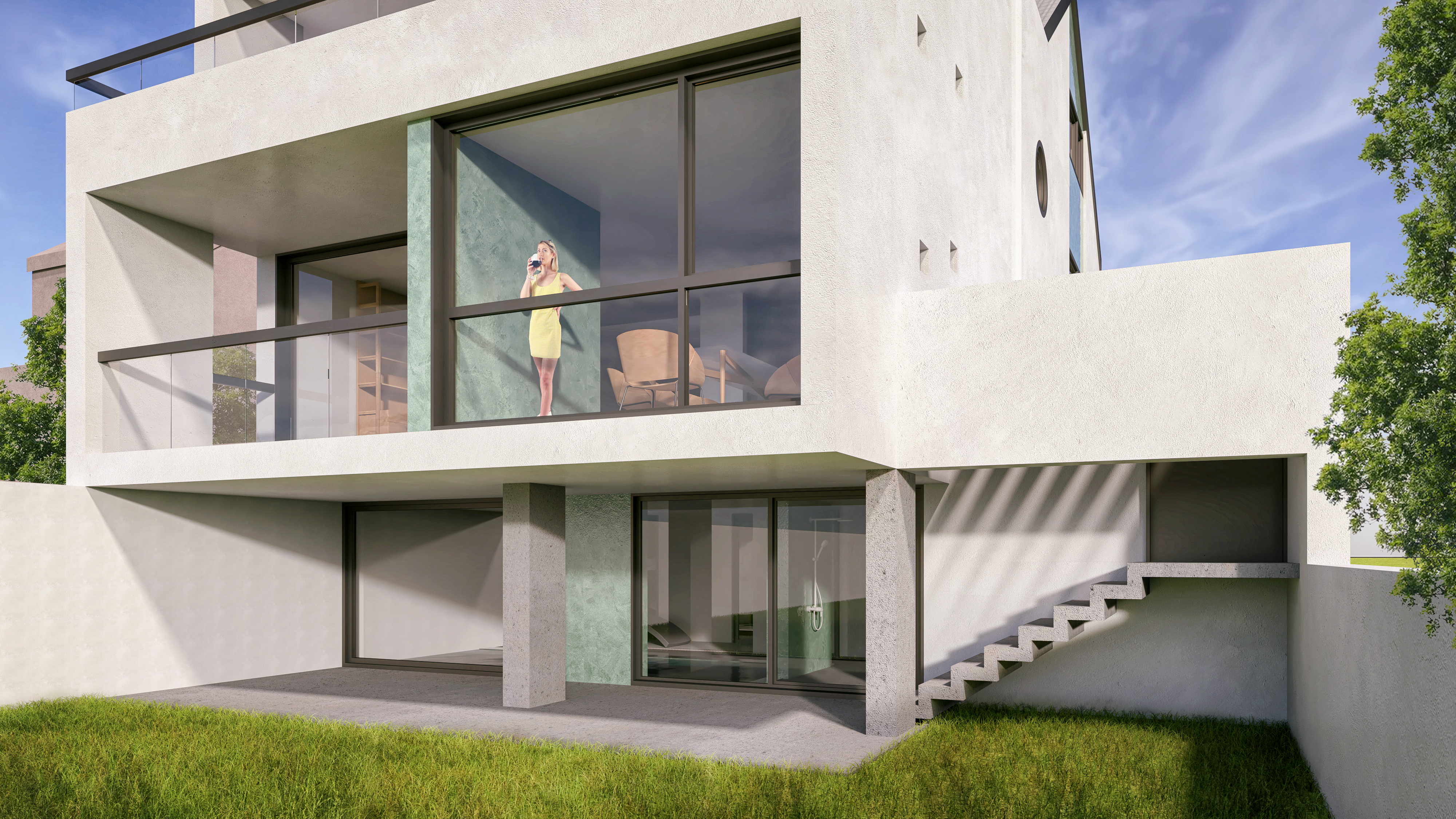 Die rückwärtige Ansicht vom Garten auf die großzügige Fensterfläche und die Loggia im Erdgeschoss - Ganzheitlicher Anbau eines Einfamilienhauses in der Aegidienbergerstraße in Bad Honnef.