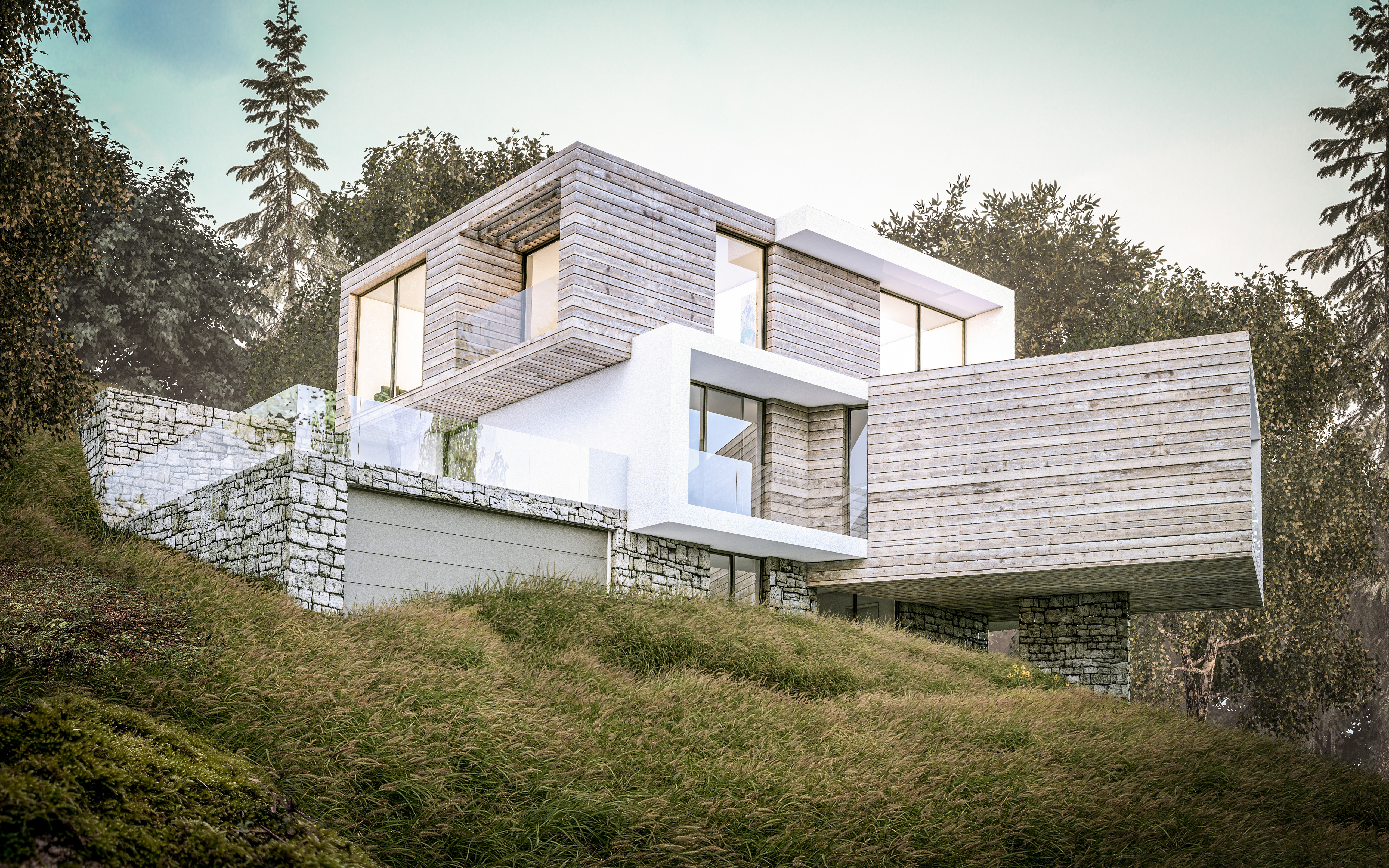 Der Baukörper im Hang inmitten von Grün - Neubau eines Einfamilienhauses in Bad Honnef.