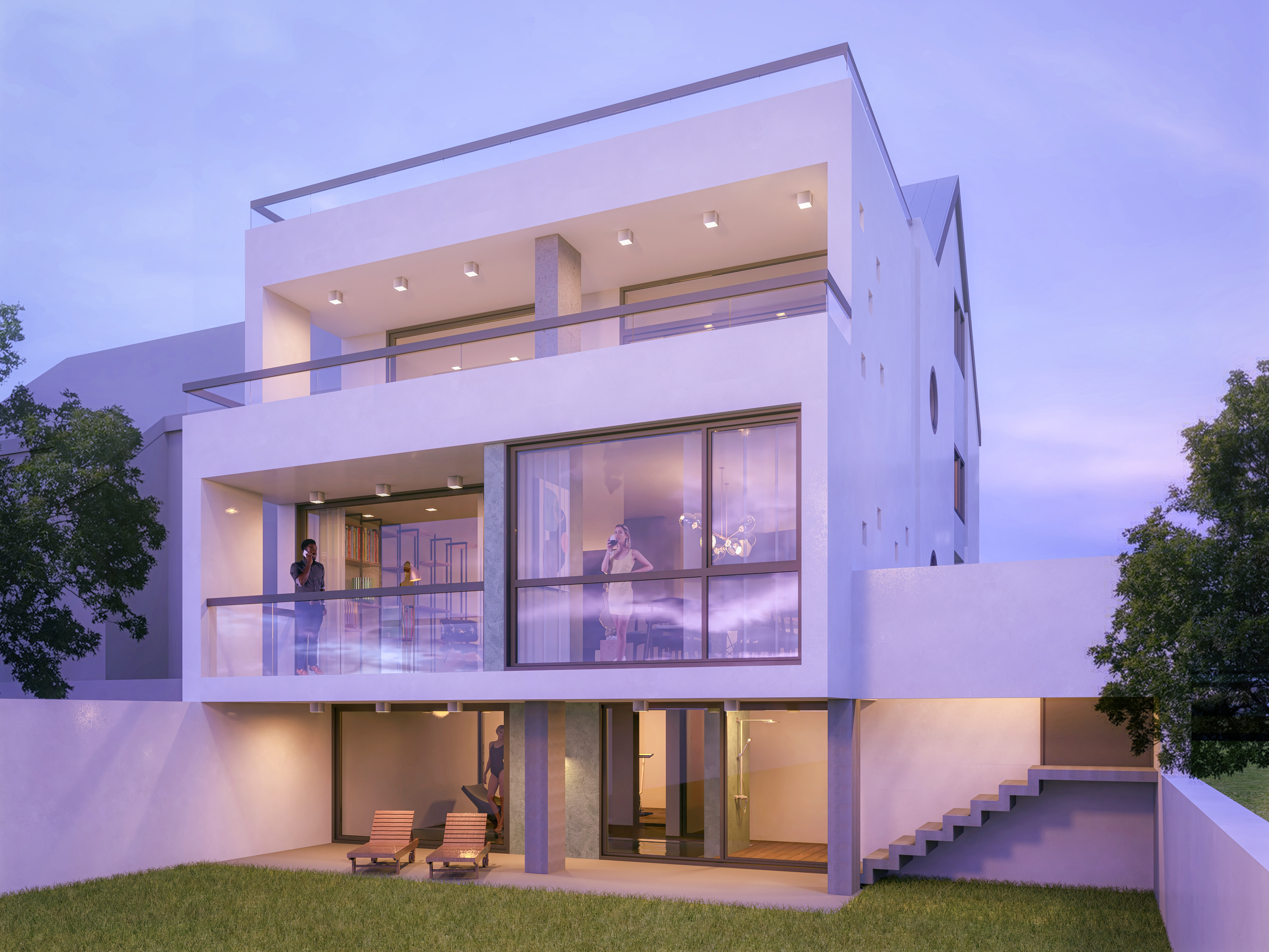 Die Perspektive vom Garten aus bei Dämmerung - Ganzheitlicher Anbau eines Einfamilienhauses in der Aegidienbergerstraße in Bad Honnef.