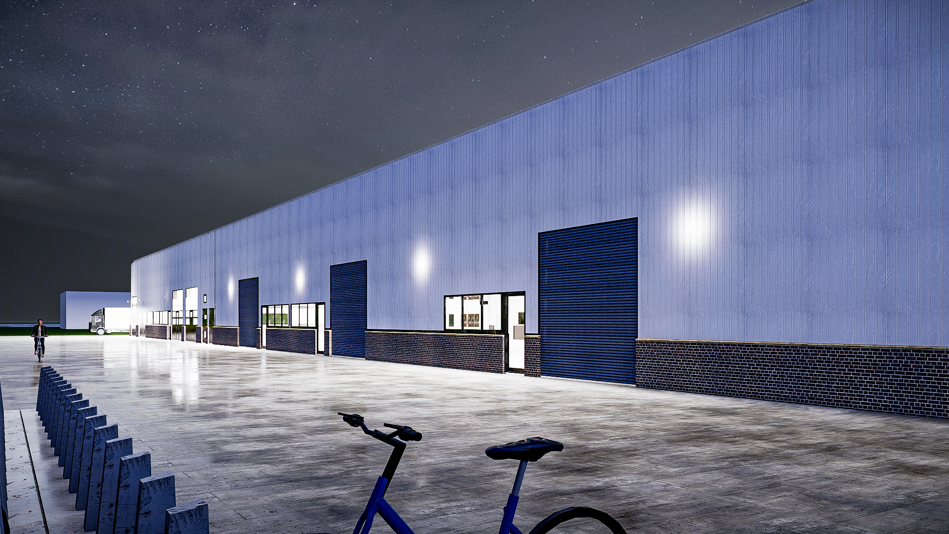 Die Logistikhalle in der Perspektive - Neubau eines Bürogebäudes mit Ausstellungsbereich und Logistikhalle in Heinsberg.