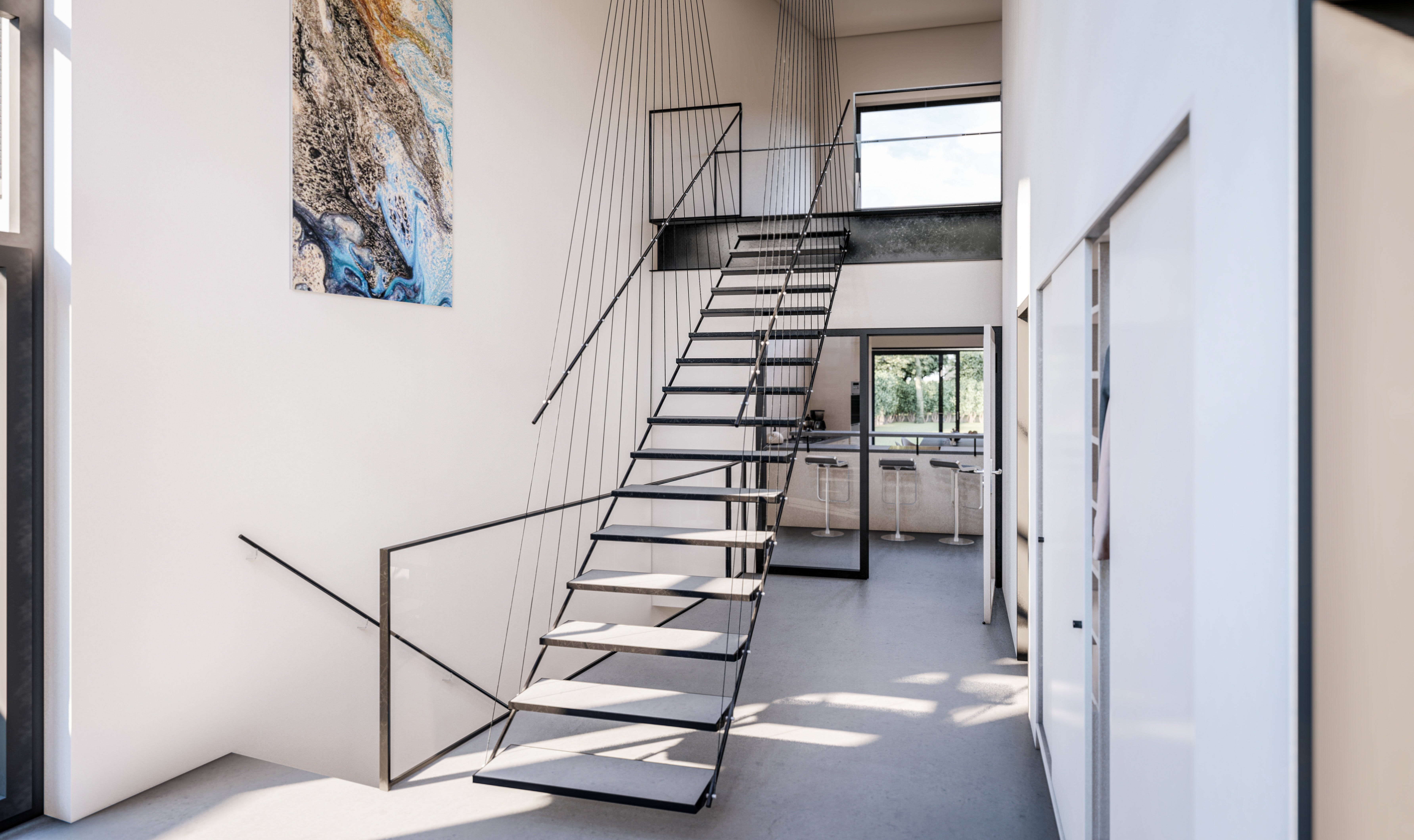 Die filigrane, aufgehangene Treppe zum Obergeschoss - Neubau eines Einfamilienhauses in Moers.