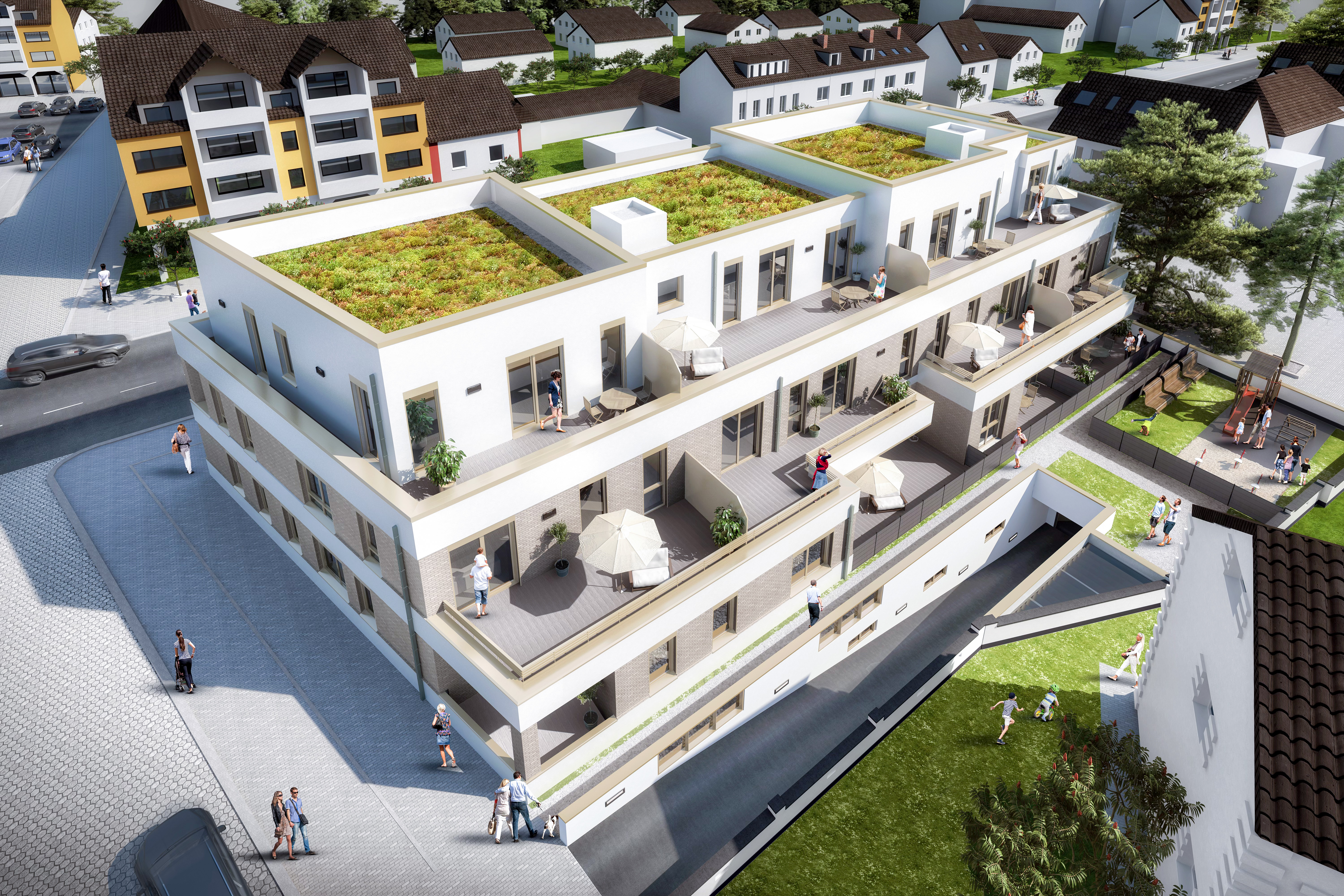 Luftbild auf den Gebäudekomplex mit Staffelgeschoss und Zufahrt zur Tiefgarage - Neubau eines Mehrfamilienhauses mit 22 Wohneinheiten und Tiefgarage in Troisdorf-Spich.