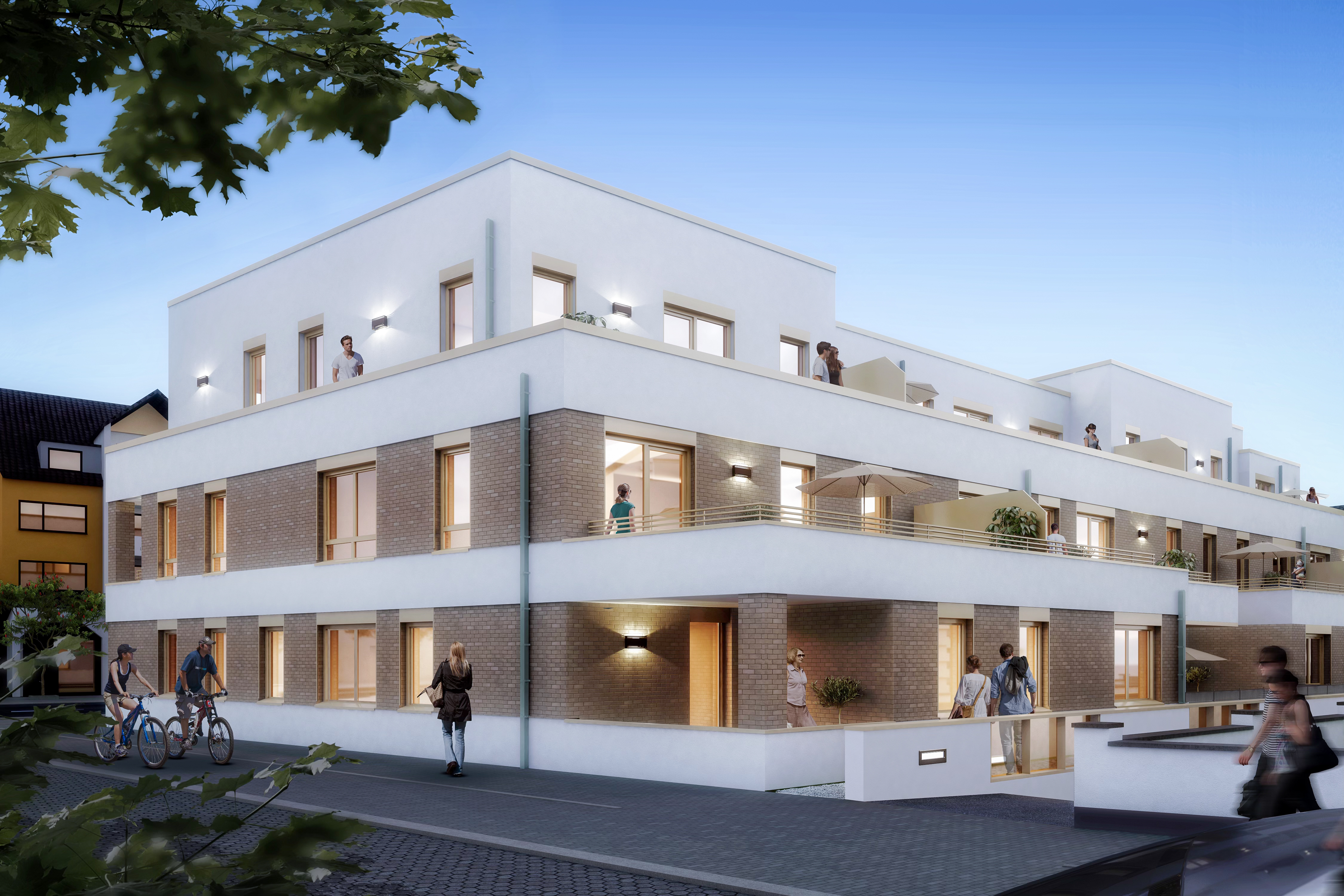 Die rückseitige Ansicht mit Staffelgeschoss und Terrassen bei Dämmerung - Neubau eines Mehrfamilienhauses mit 22 Wohneinheiten und Tiefgarage in Troisdorf-Spich.