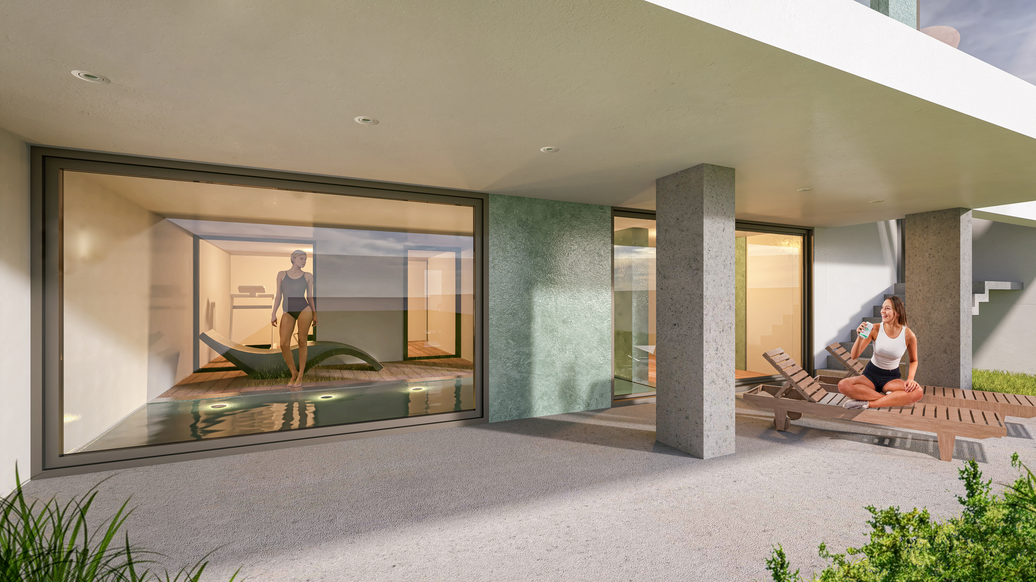 Der Pool und der überdachte Außenbereich im Untergeschoss - Ganzheitlicher Anbau eines Einfamilienhauses in der Aegidienbergerstraße in Bad Honnef.