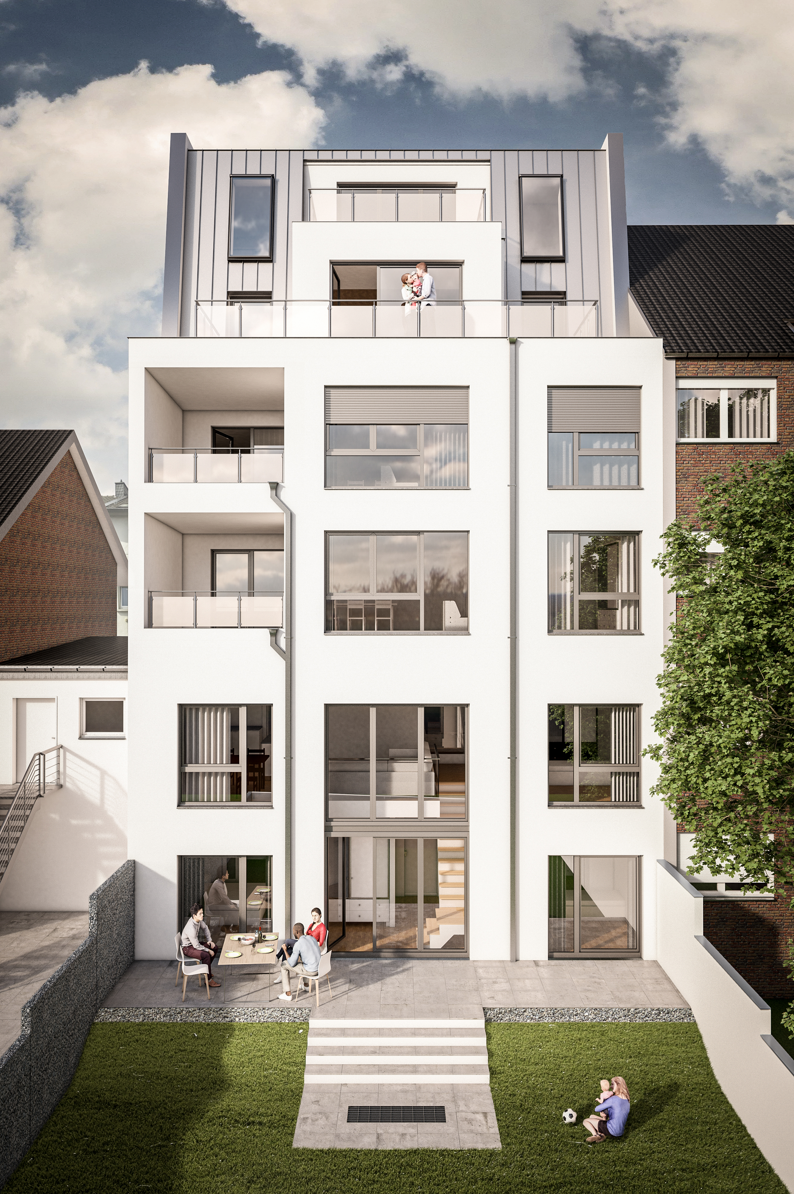 Die rückseitige Fassade zum Garten - Neubau eines Mehrfamilienhauses in der Zeithstraße in Siegburg.