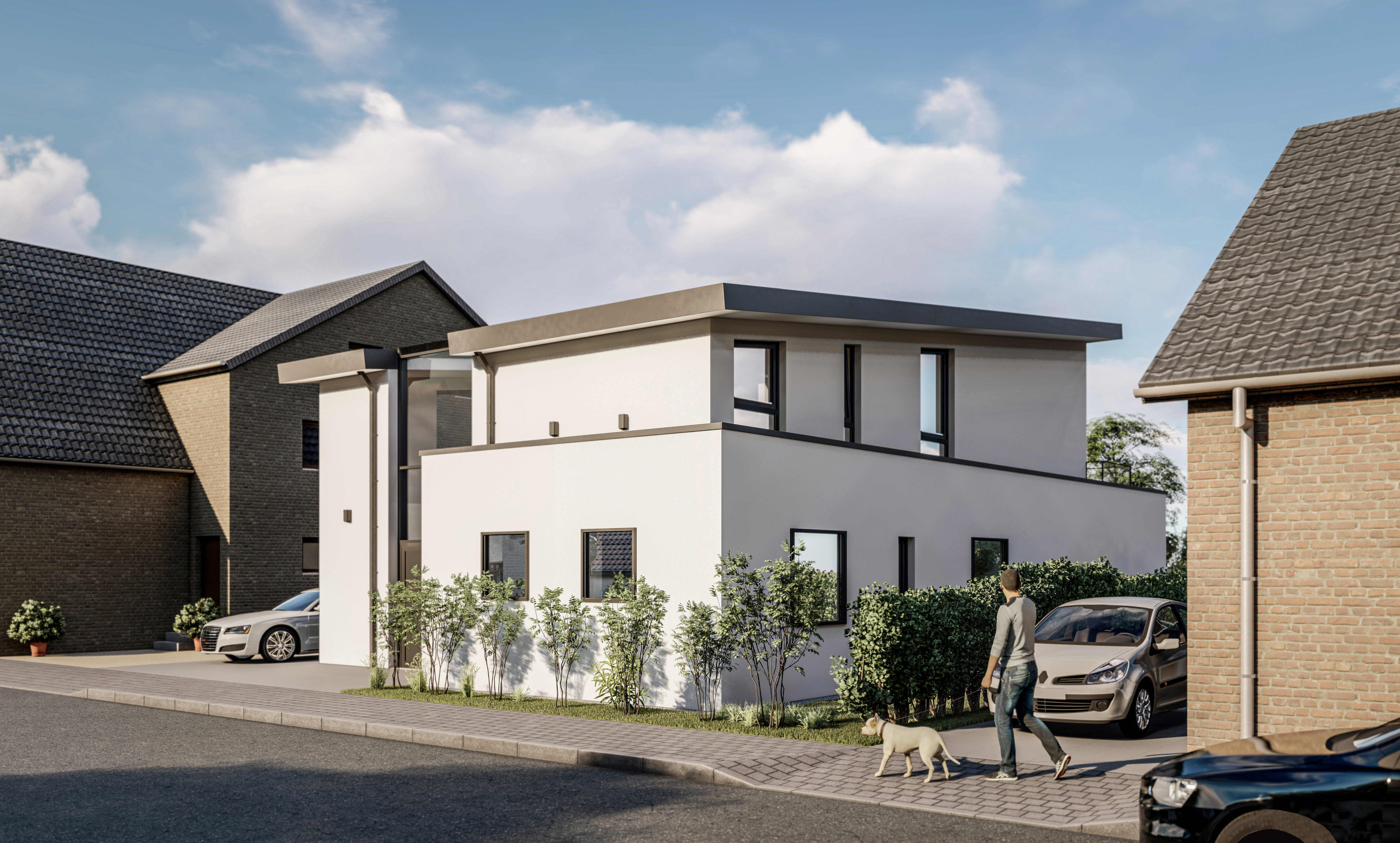 Die Fassade zur Straße bei Tag - Neubau eines Einfamilienhauses in Moers.