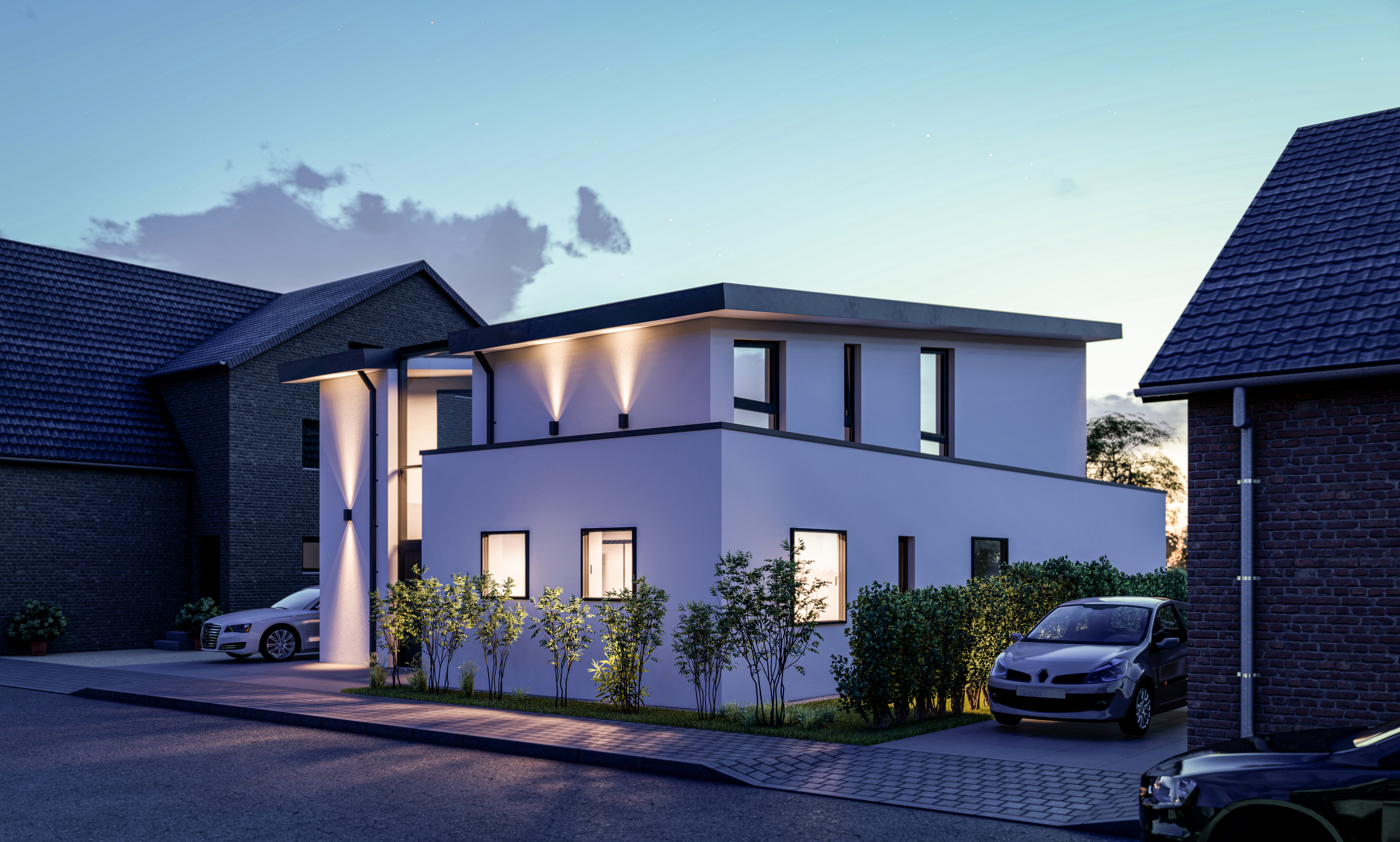 Die beleuchtete Fassade zur Straße bei Dämmerung - Neubau eines Einfamilienhauses in Moers.