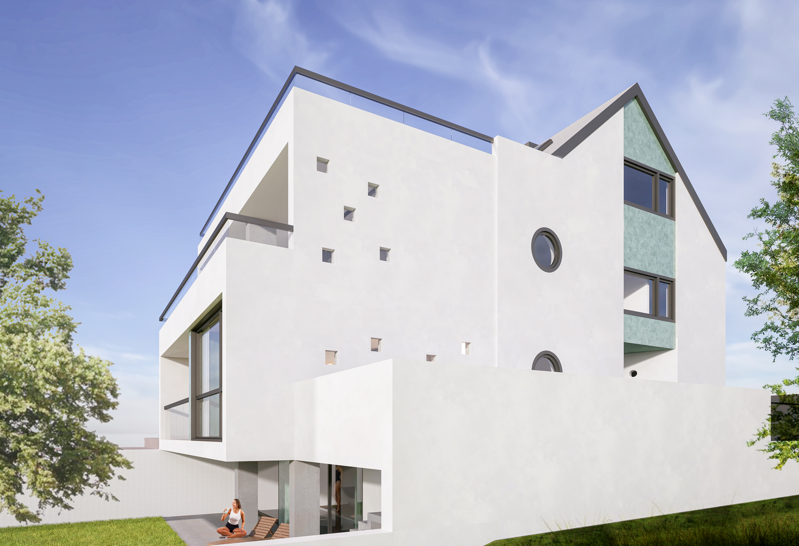 Die Perspektive auf die rückwärtige Ansicht mit dem Außenbereich, dem Erdgeschoss und dem Staffelgeschoss - Ganzheitlicher Anbau eines Einfamilienhauses in der Aegidienbergerstraße in Bad Honnef.