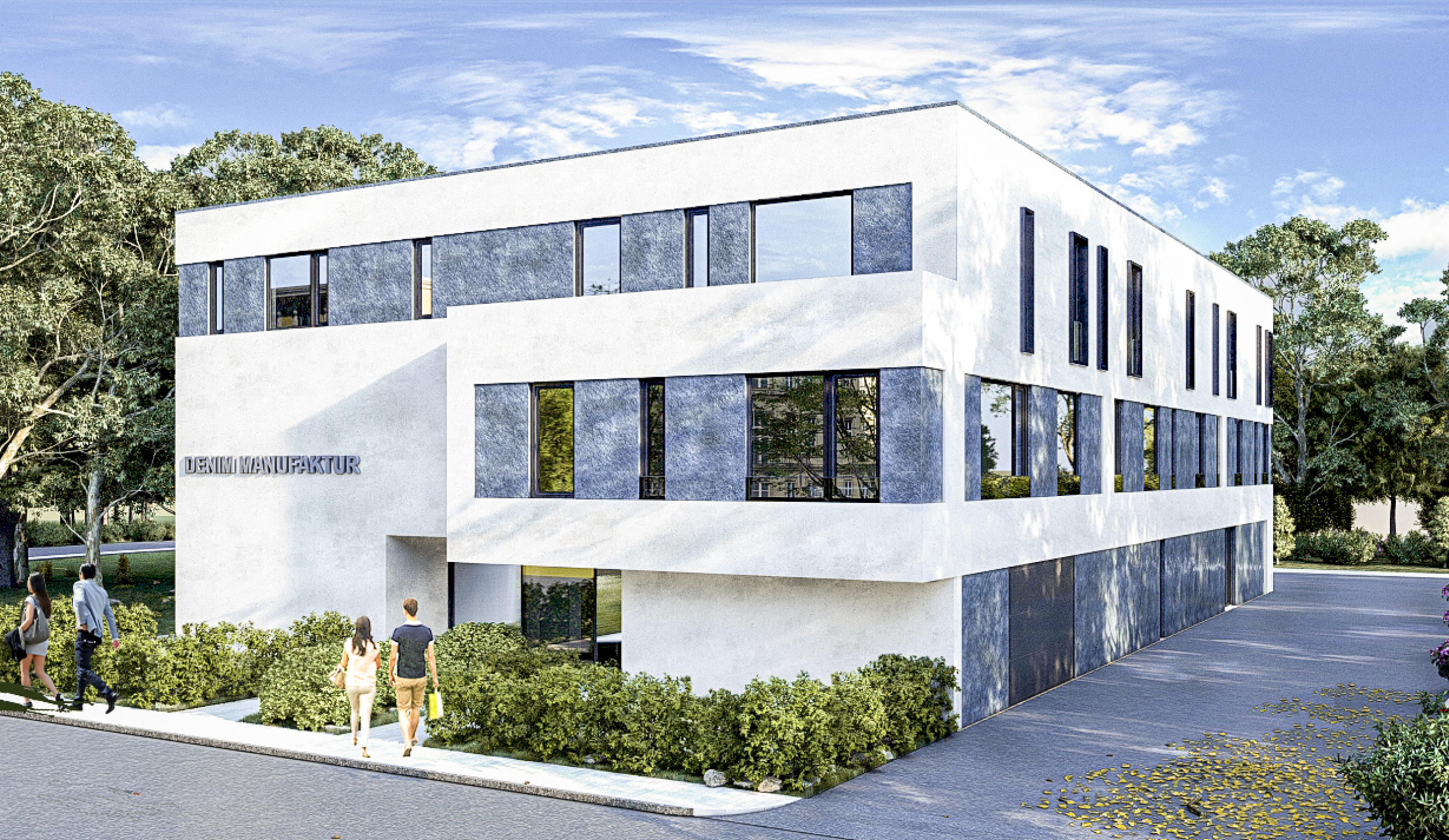 Die Vorderseite des Gebäudes - Neubau eines Bürogebäudes mit Ausstellungsräumen und Lager in der Zusestraße in Köln-Lövenich.