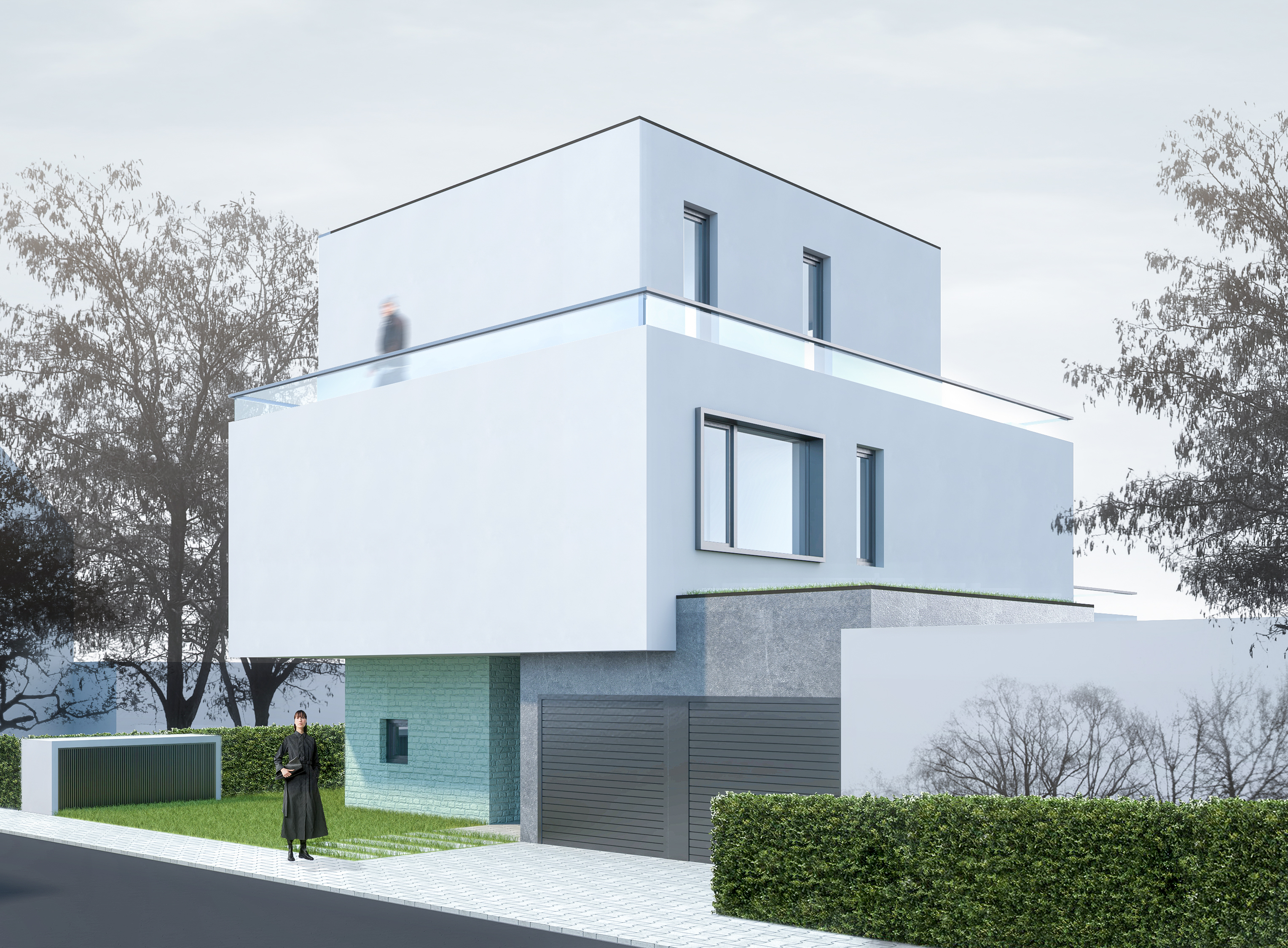 Perspektive mit Staffelgeschoss zur Straße - Neubau eines Einfamilienhauses in Niederkassel-Lülsdorf.