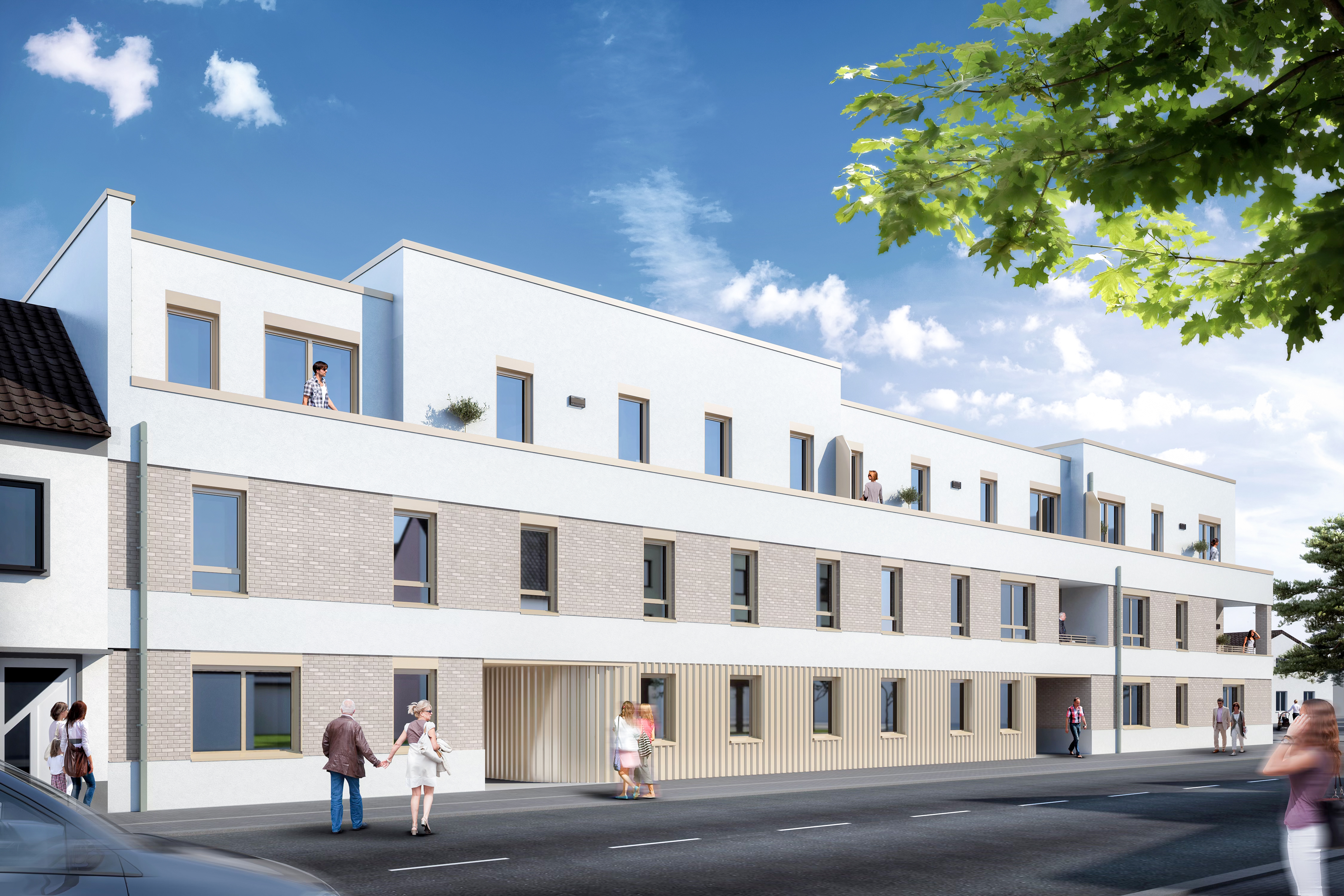 Die Frontansicht mit Staffelgeschoss - Neubau eines Mehrfamilienhauses mit 22 Wohneinheiten und Tiefgarage in Troisdorf-Spich.