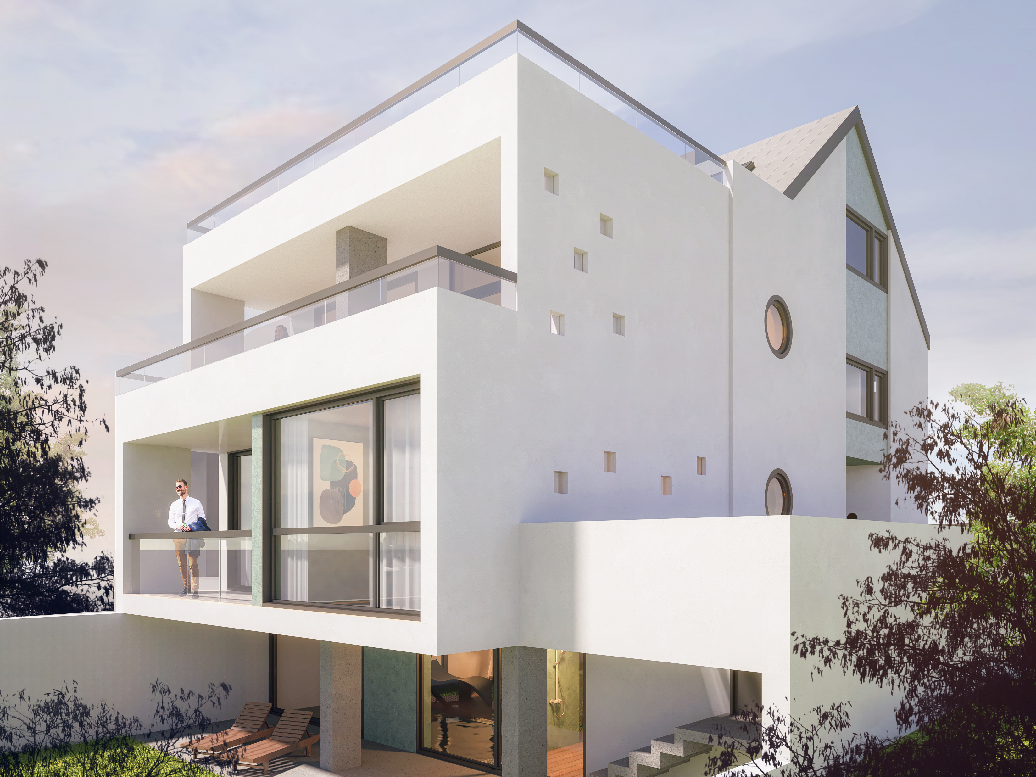 Die Perspektive auf die rückwärtige Ansicht mit dem Außenbereich, dem Erdgeschoss und dem Staffelgeschoss - Ganzheitlicher Anbau eines Einfamilienhauses in der Aegidienbergerstraße in Bad Honnef.