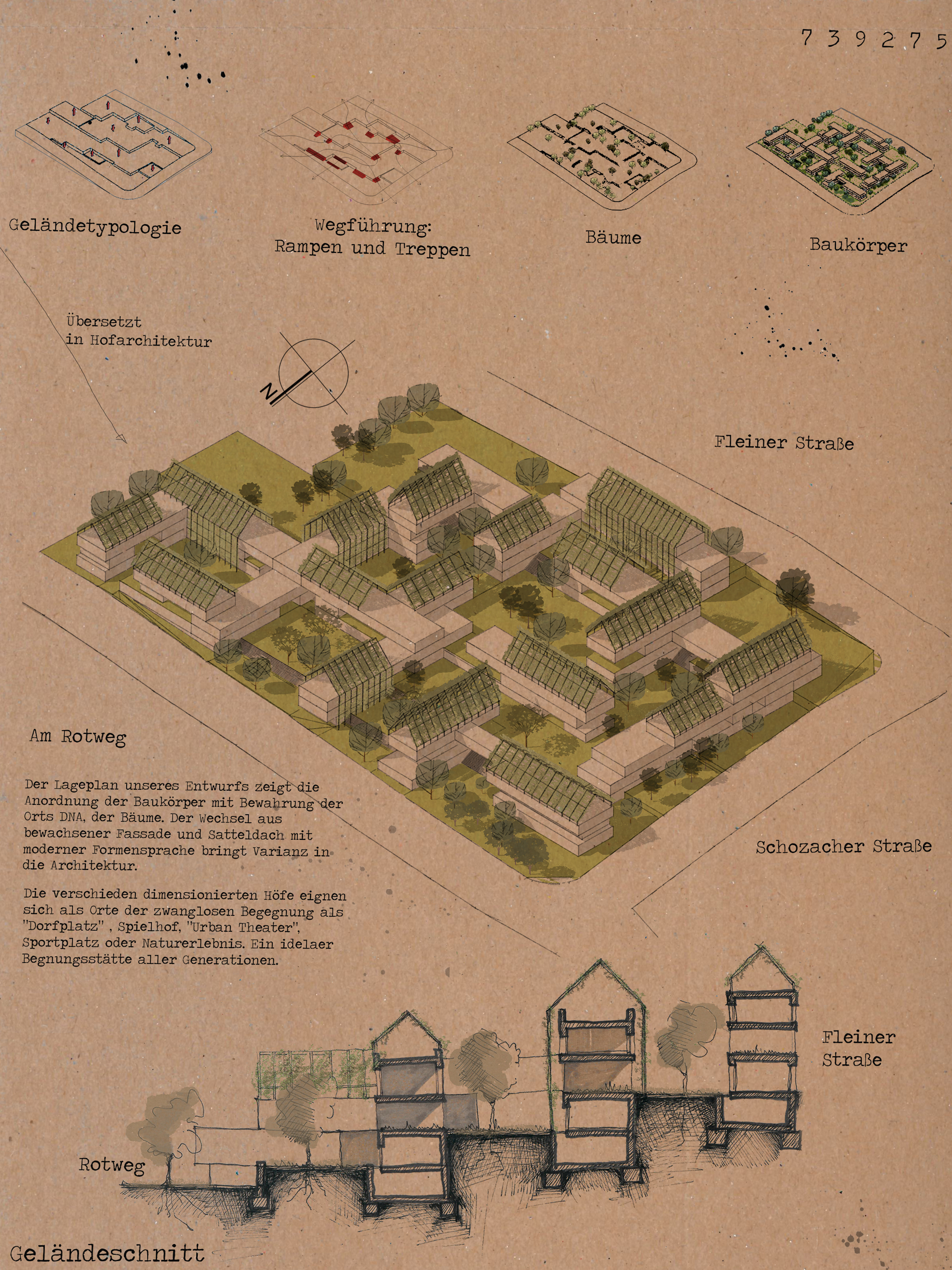 Isometrie - Wettbewerbsbeitrag Am Rotweg - Hofquartier in Stuttgart.
