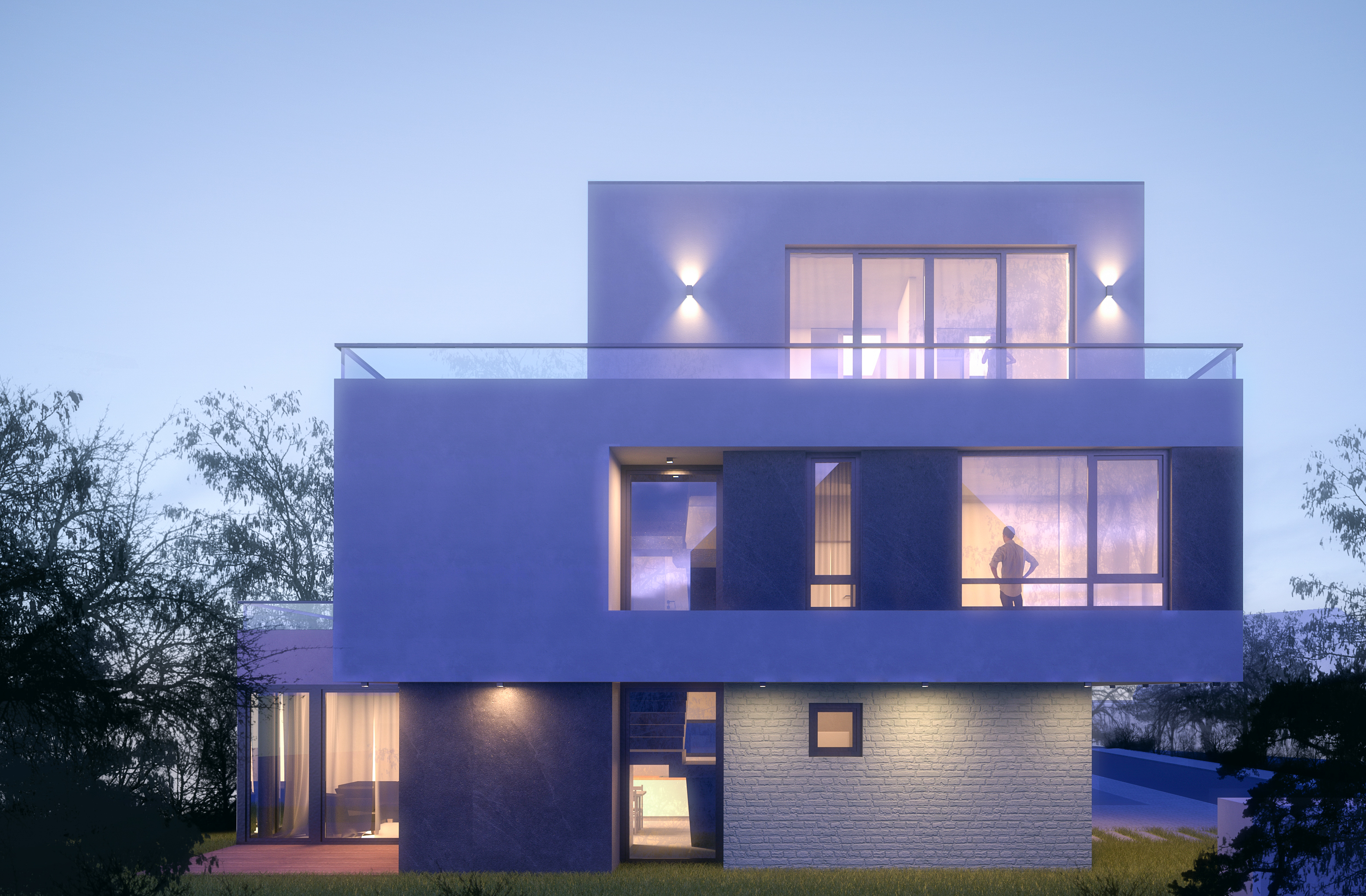 Die rückwärtige Perspektive bei Dämmerung - Neubau eines Einfamilienhauses in Niederkassel-Lülsdorf.