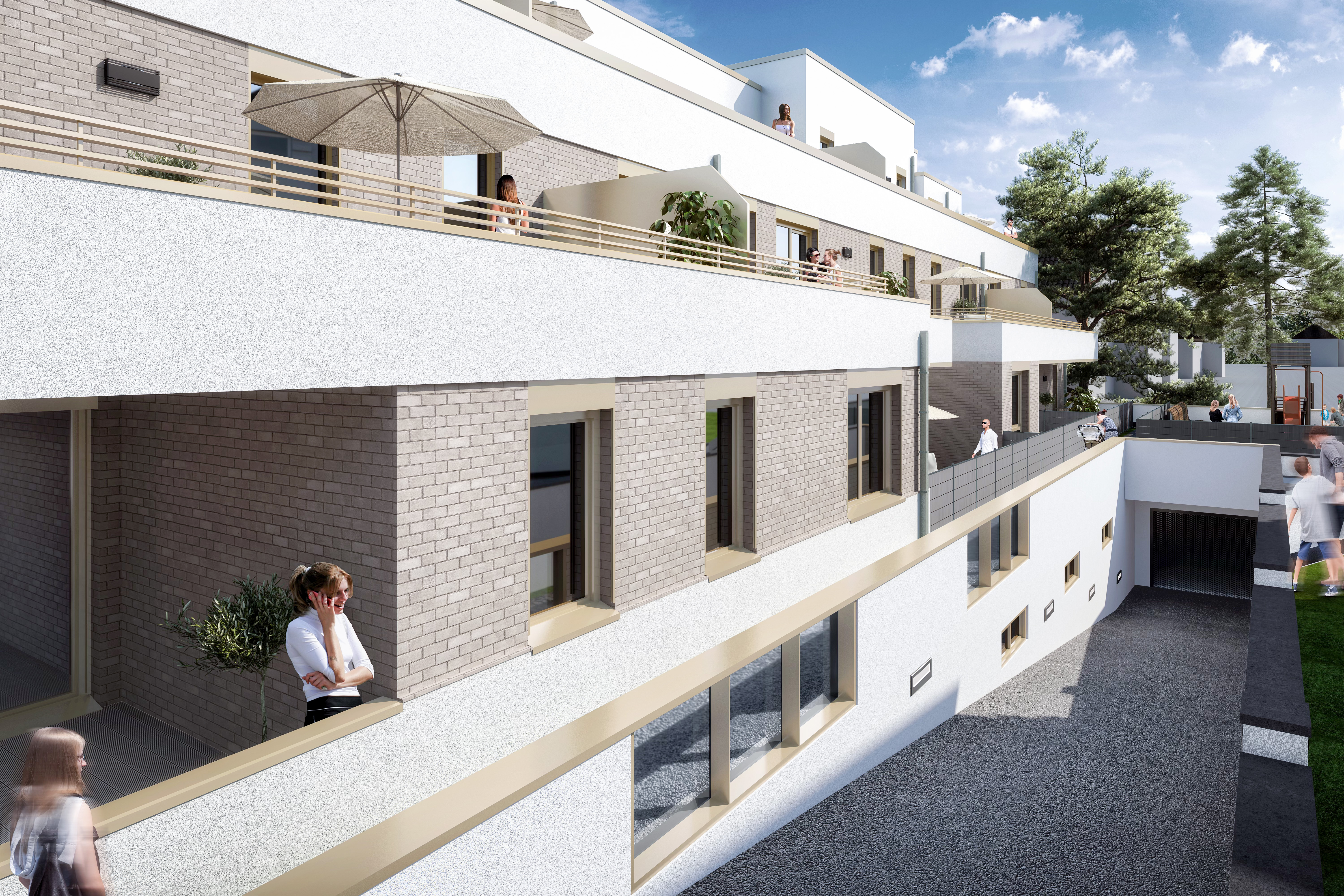 Perspektive mit Balkonen, Terrassen, dem Staffelgeschoss und der Zufahrt in die Tiefgarage - Neubau eines Mehrfamilienhauses mit 22 Wohneinheiten und Tiefgarage in Troisdorf-Spich.