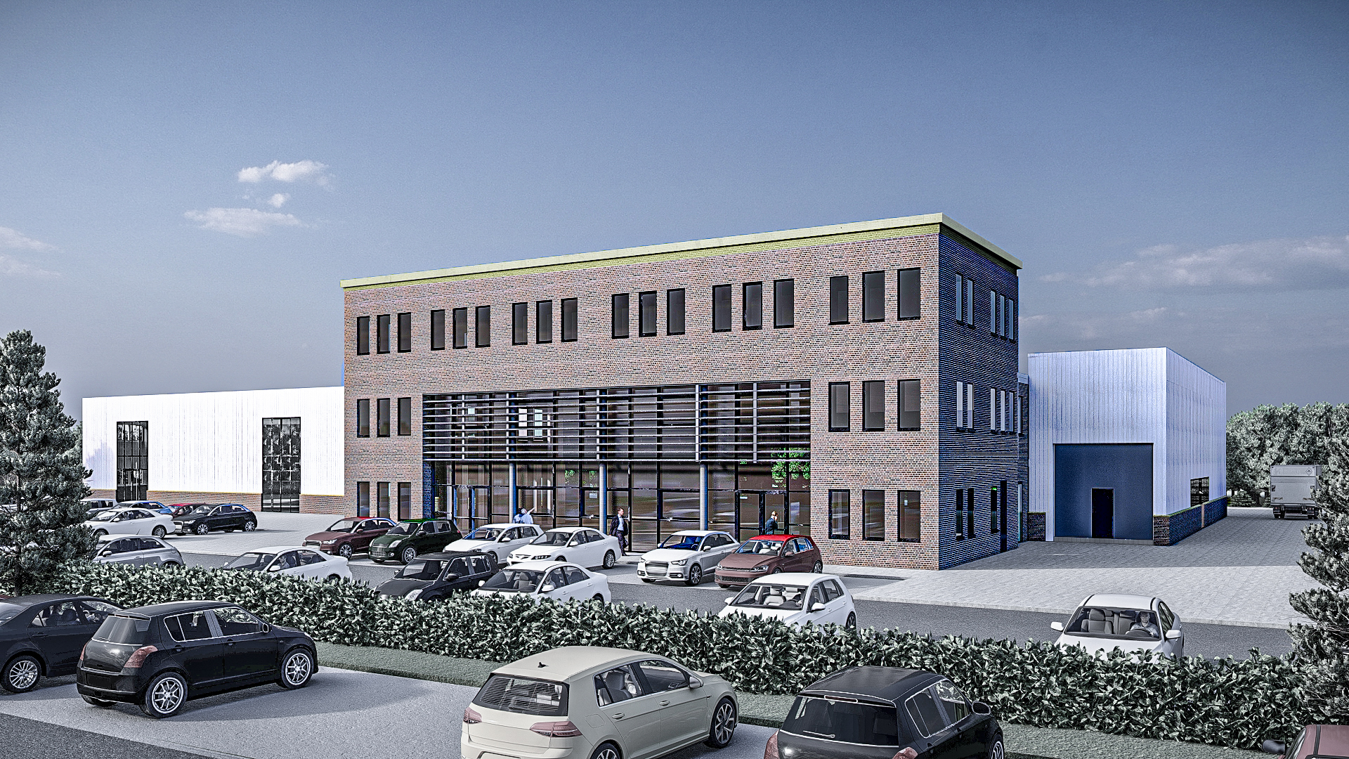 Die Vorderansicht bei Tag - Neubau eines Bürogebäudes mit Ausstellungsbereich und Logistikhalle in Heinsberg.