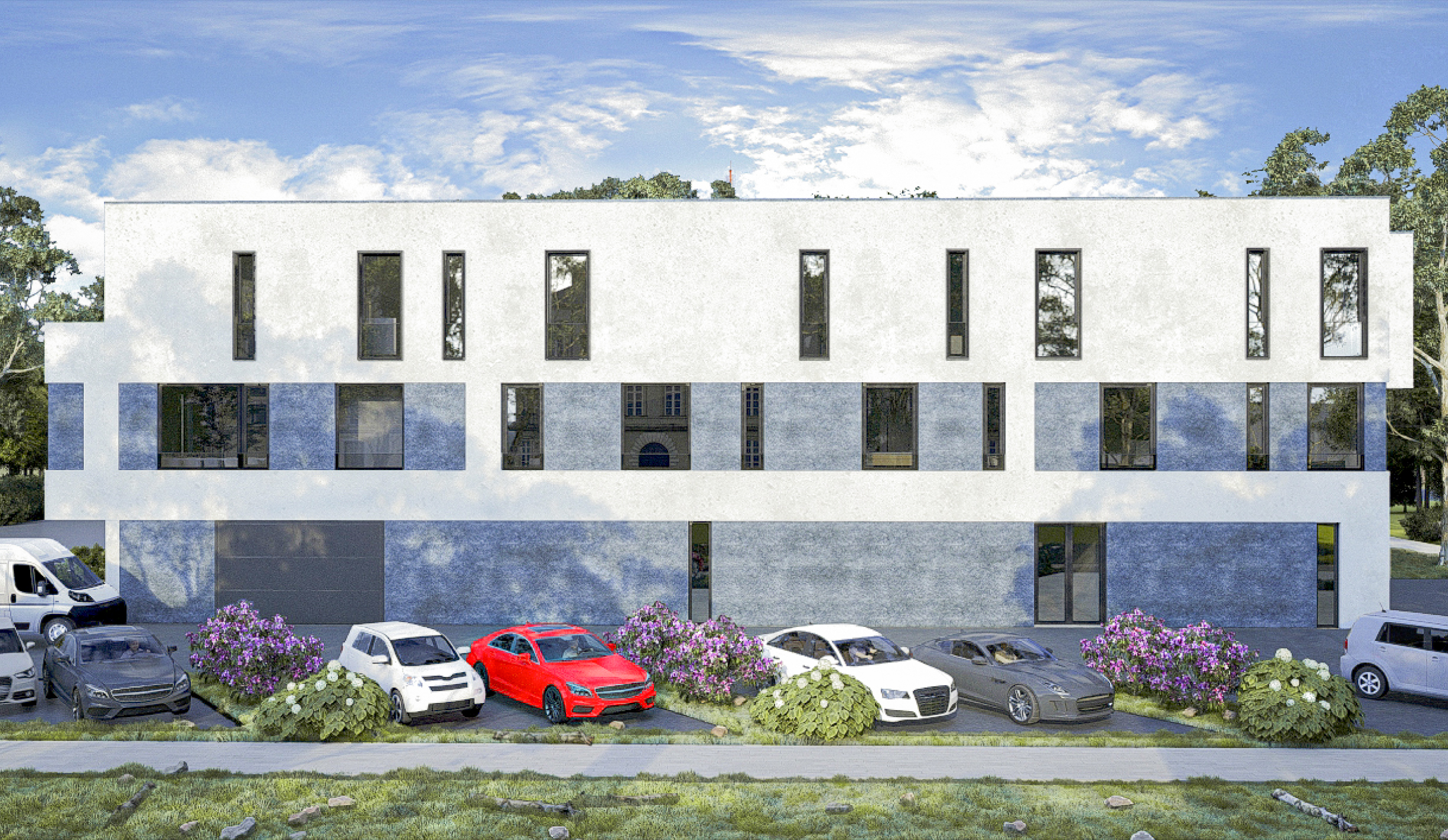 Die lange Ansicht des Gebäudes - Neubau eines Bürogebäudes mit Ausstellungsräumen und Lager in der Zusestraße in Köln-Lövenich.