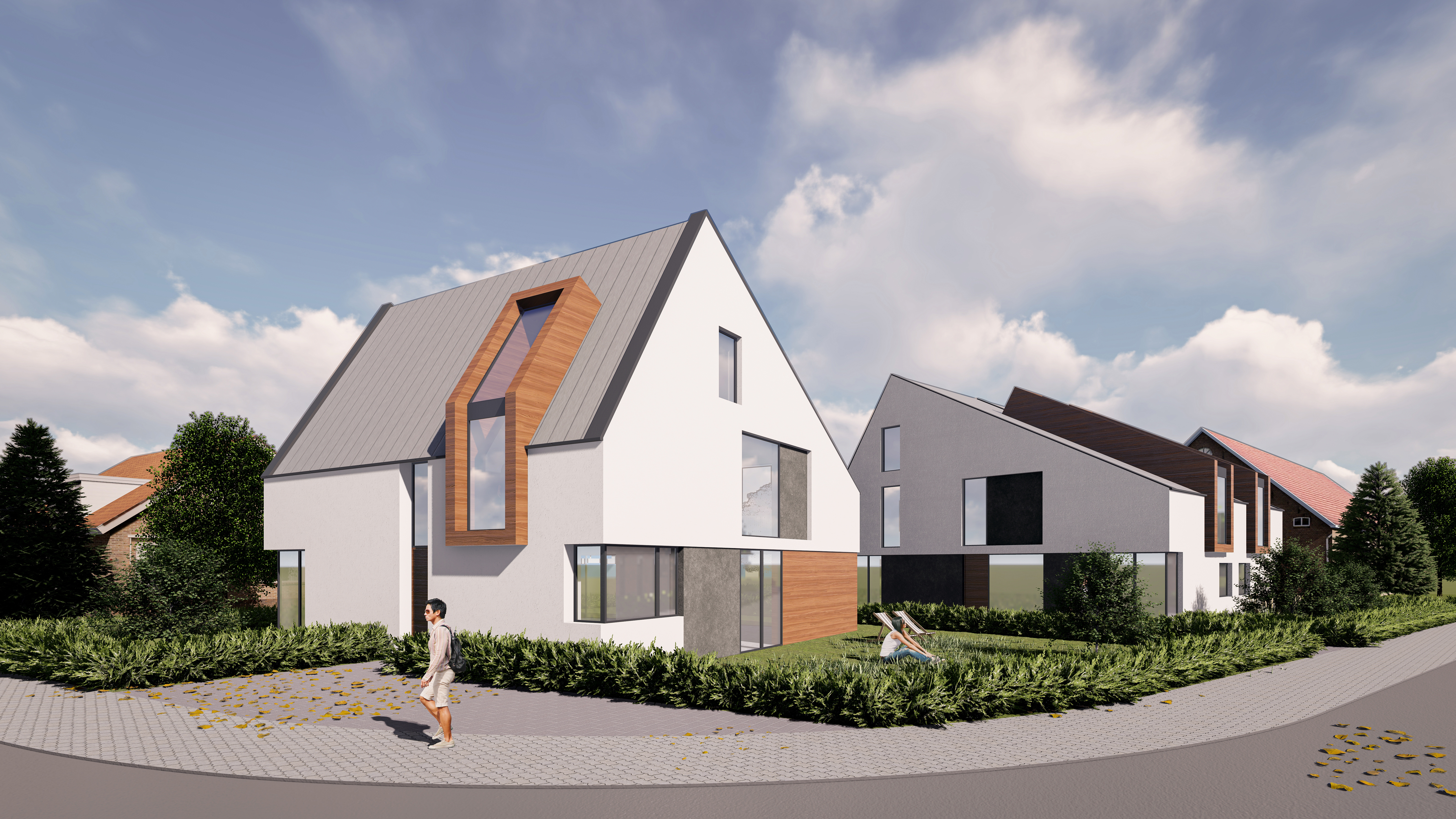 Ansicht beider Objekte - Neubau eines Zweifamilienhauses und einer Doppelhaushalte in Troisdorf-Spich.